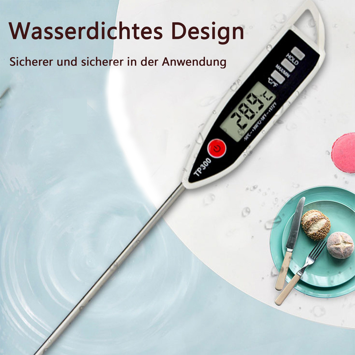 Ein digitales Lebensmittelthermometer mit einem Wert von 28,9 und einem roten Knopf.