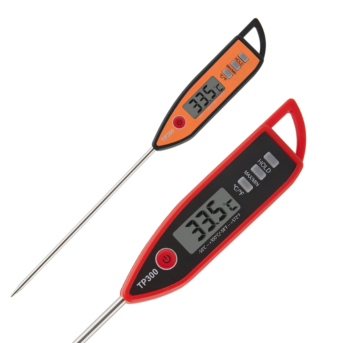 Zwei digitale Lebensmitteltemperaturmessgeräte mit orangefarbenen und roten Griffen. Beide zeigen 33,5 Grad an.