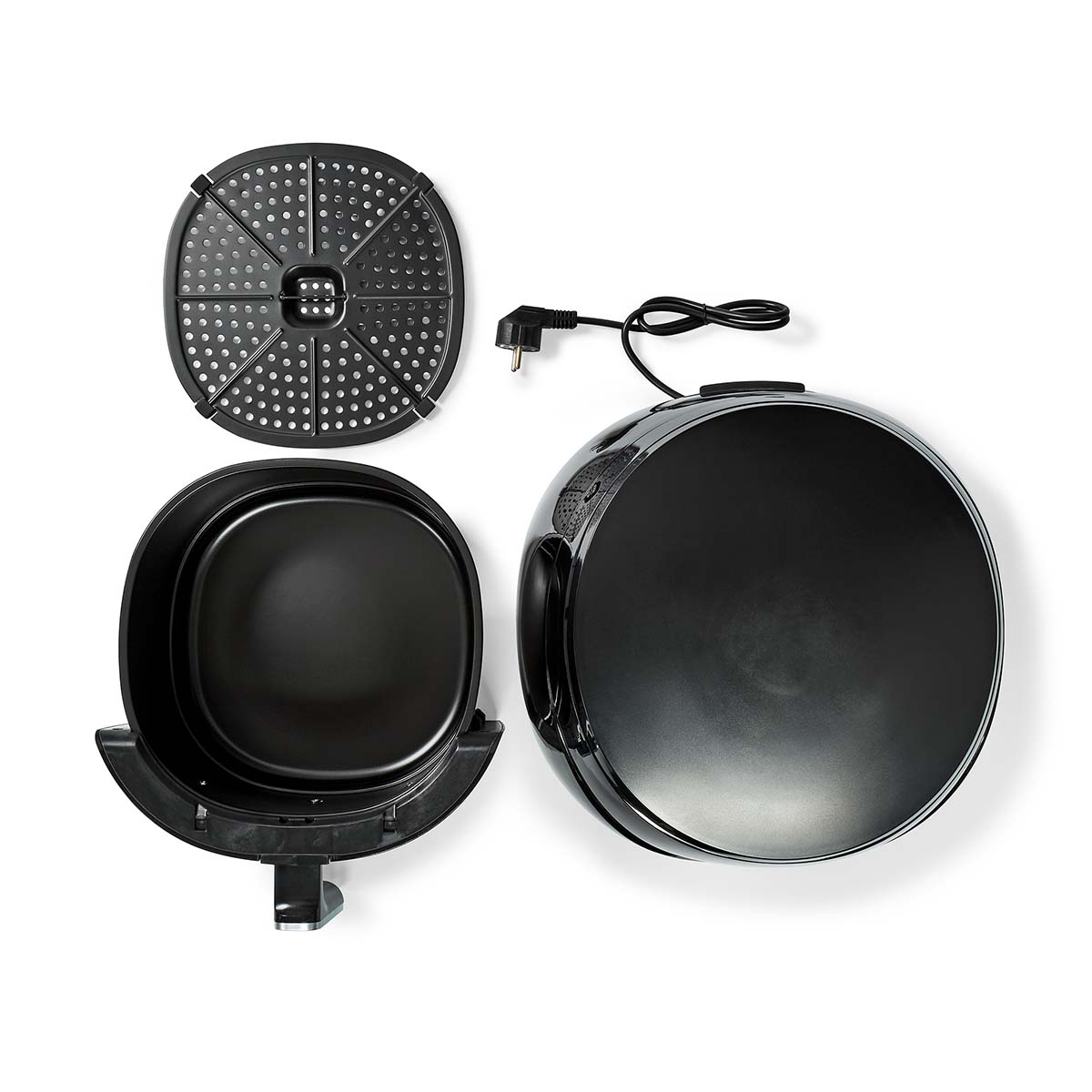 Części czarnej frytownicy powietrznej, w tym podstawa, kosz i górna płyta, na białym tle.