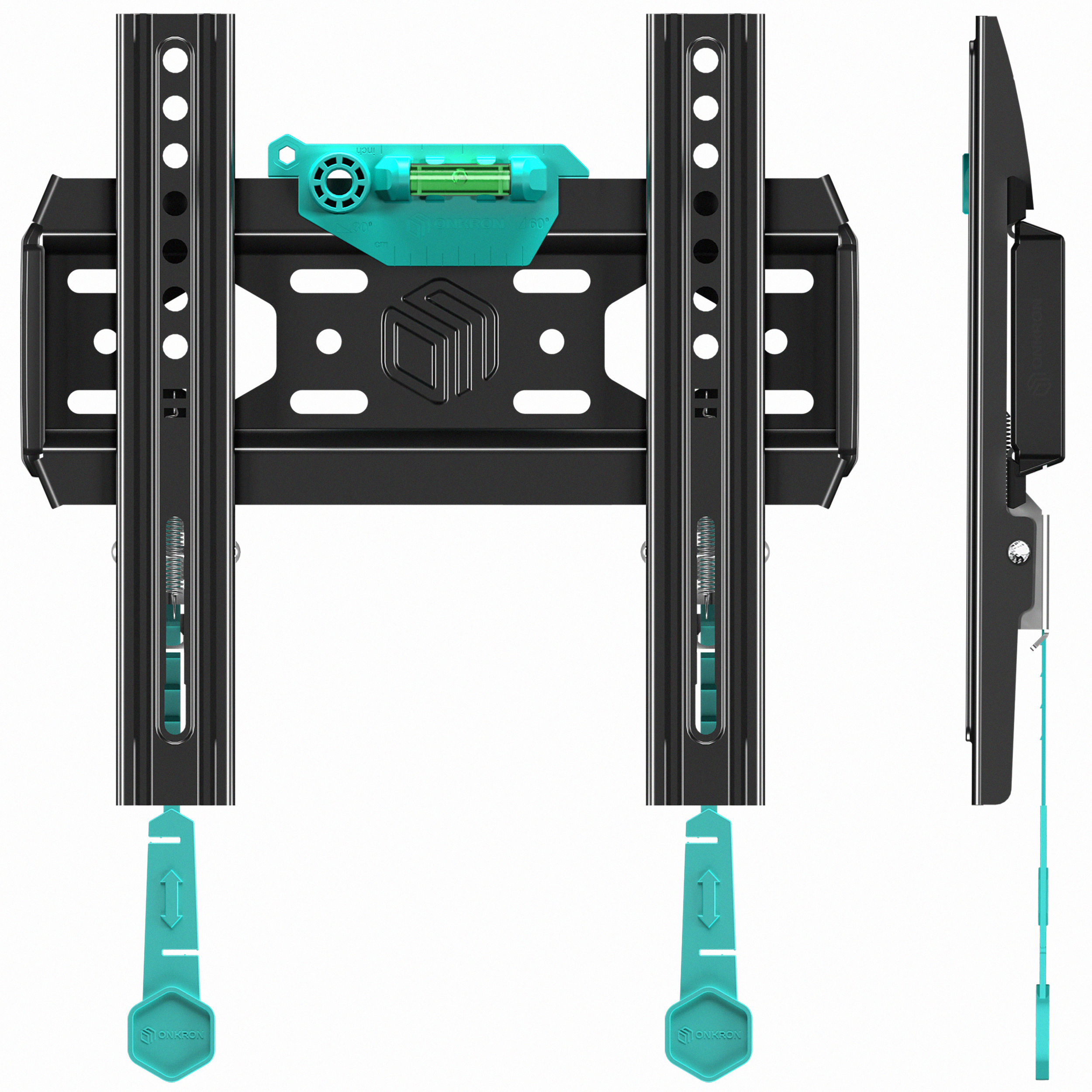 Czarny uchwyt do telewizora z poziomicą i dwoma wspornikami do zawieszania, widok z przodu i z boku.