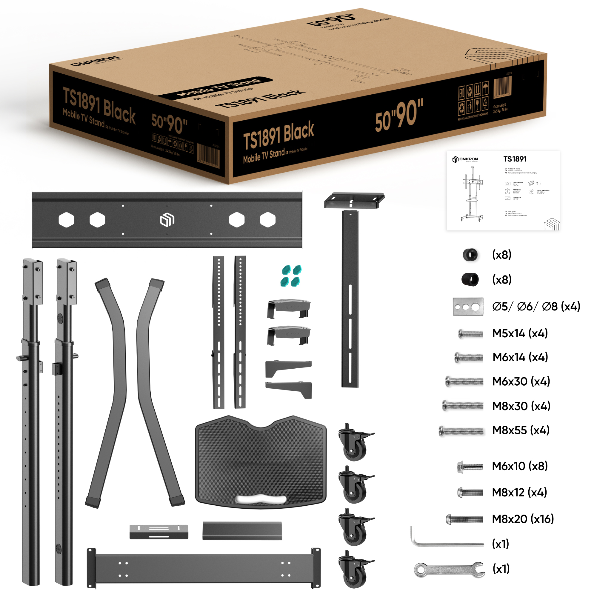 Pudełko z częściami stojaka TV i schematem. Części obejmują stojaki, śruby i koła.