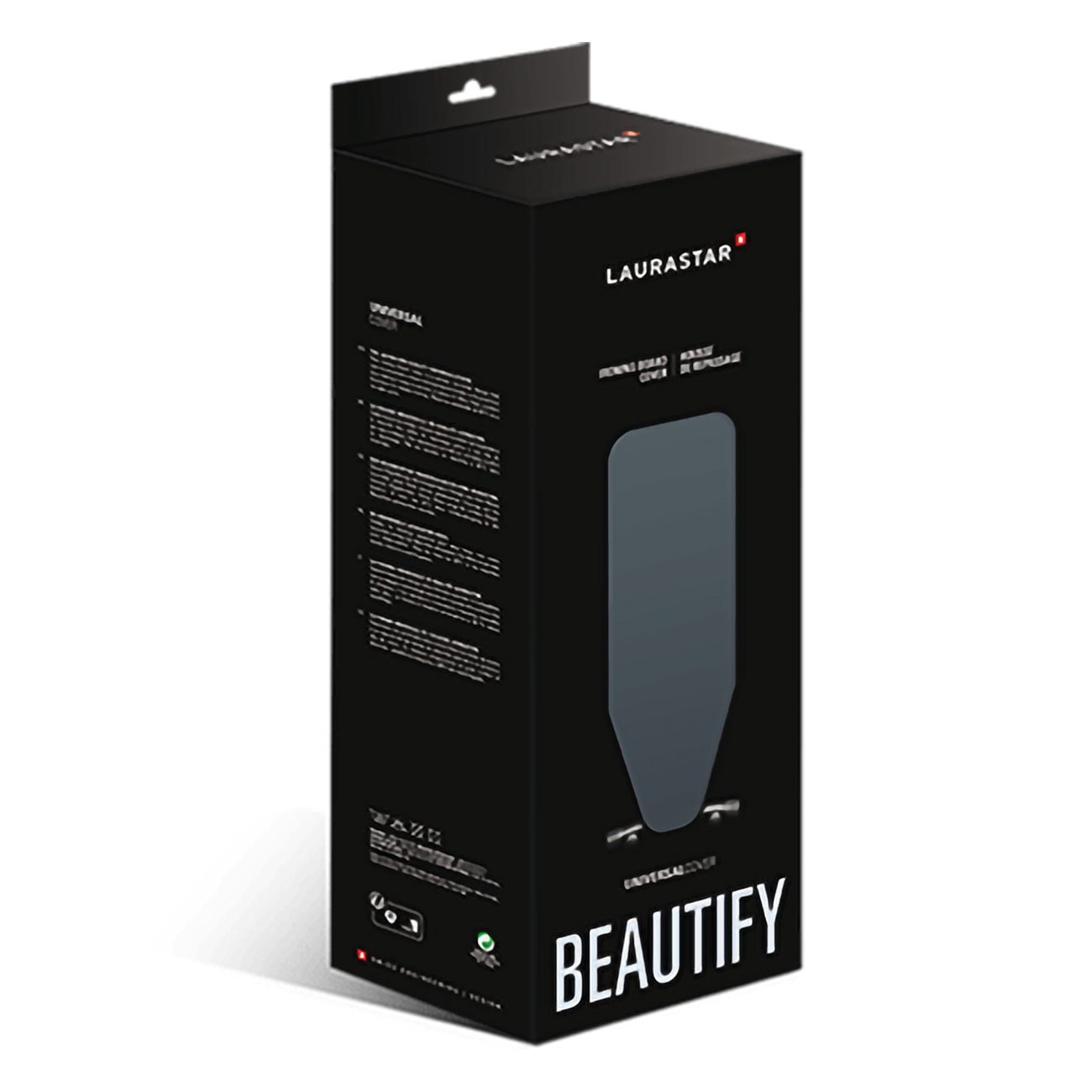 Czarne pudełko z rysunkiem żelazka i napisem Beautify.