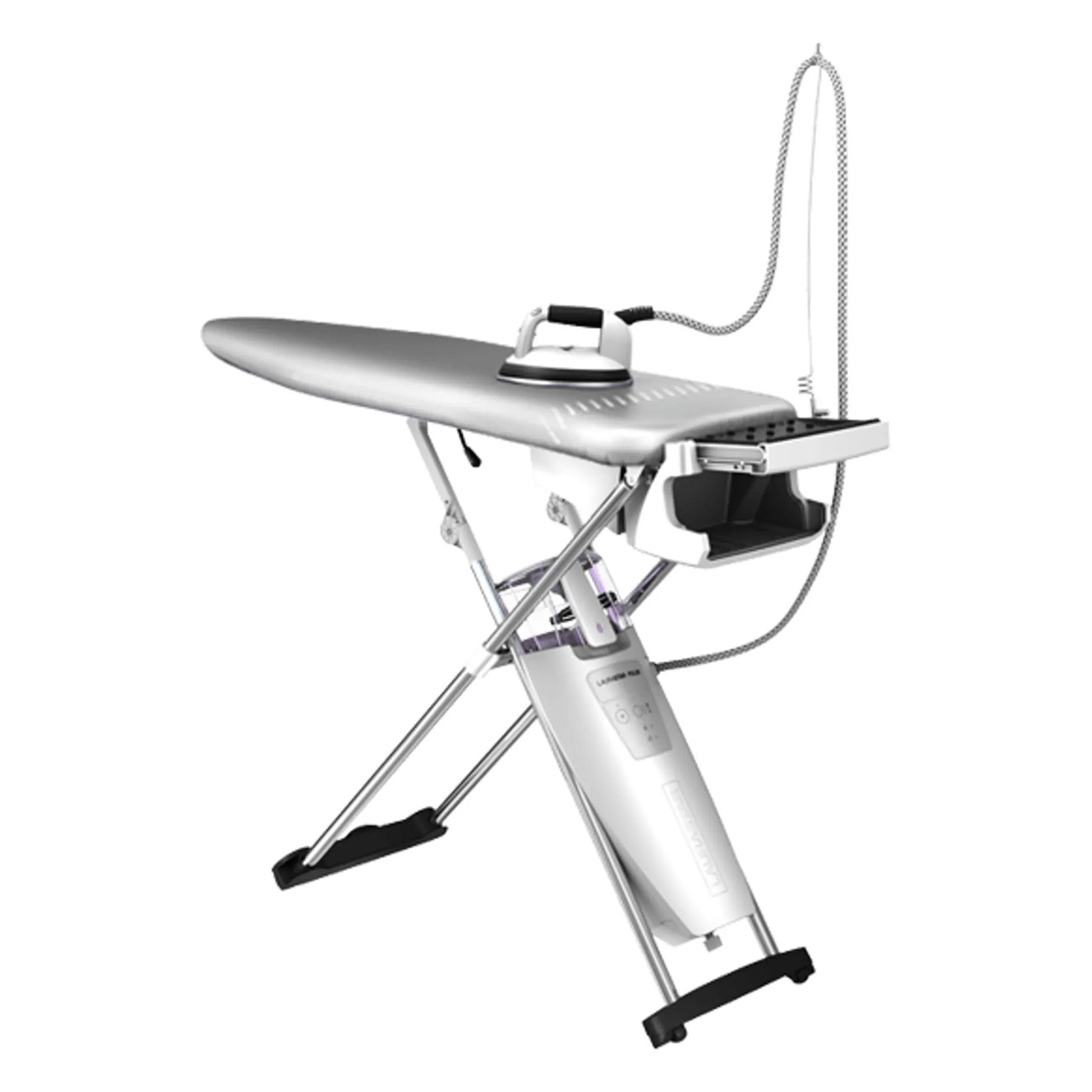 Deska do prasowania z żelazkiem i stacją parową. Białe tło.