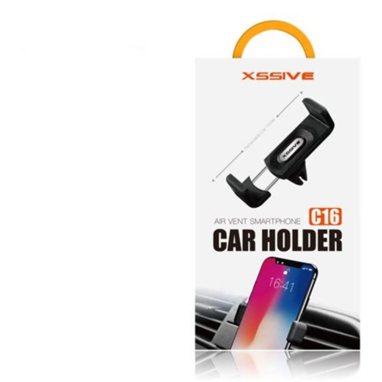 Verpackung für Autotelefonhalter mit Handy-Mock-up. Der Halter ist schwarz und silber mit der Marke XSSIVE.