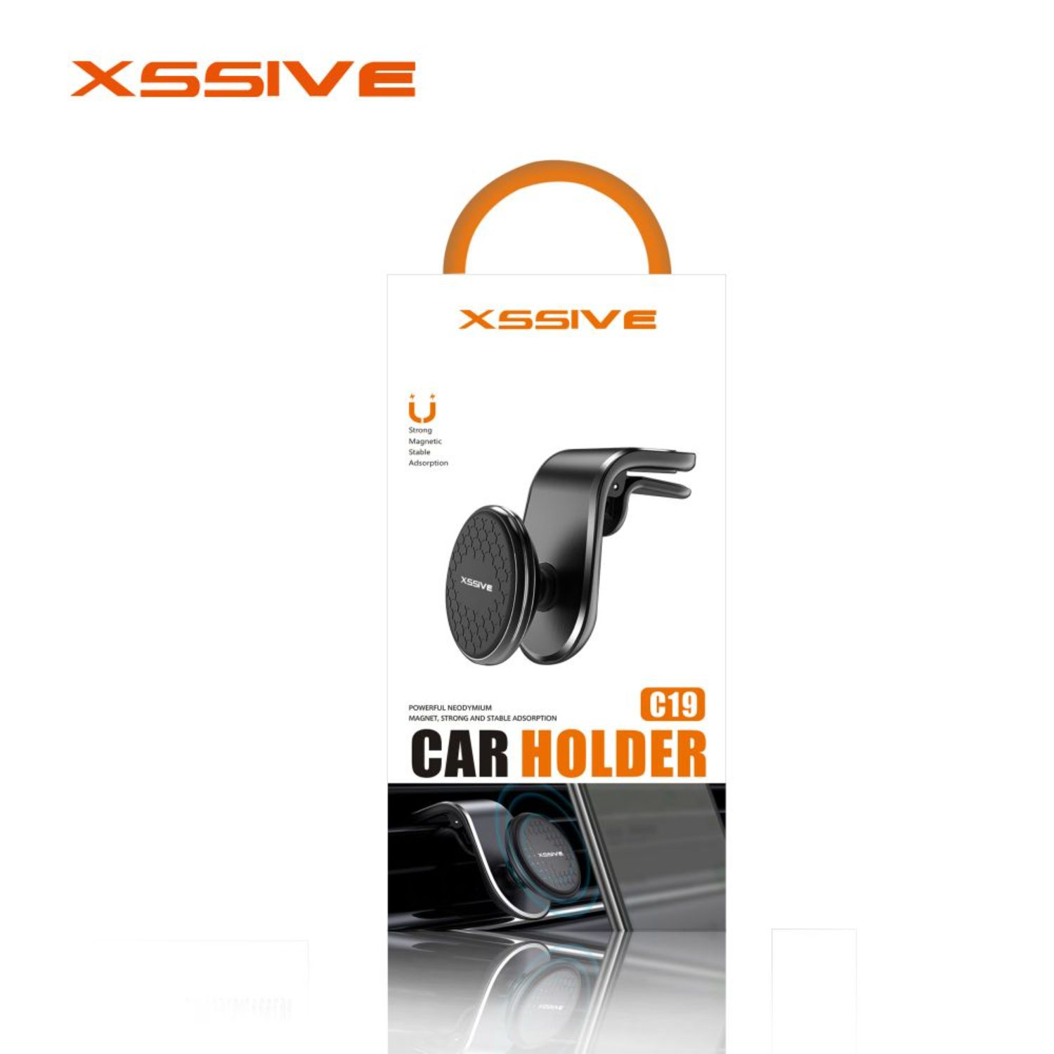 Verpackung für Autohalterung mit Autohalterung im Inneren, Text 'CAR HOLDER'.