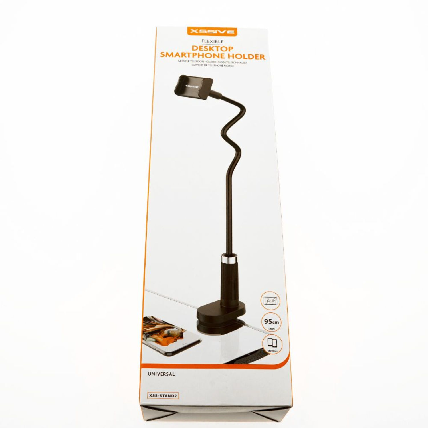 Box mit flexiblem Smartphone-Halter. Weißer Hintergrund. Der Halter ist schwarz, mit gebogenem Arm.