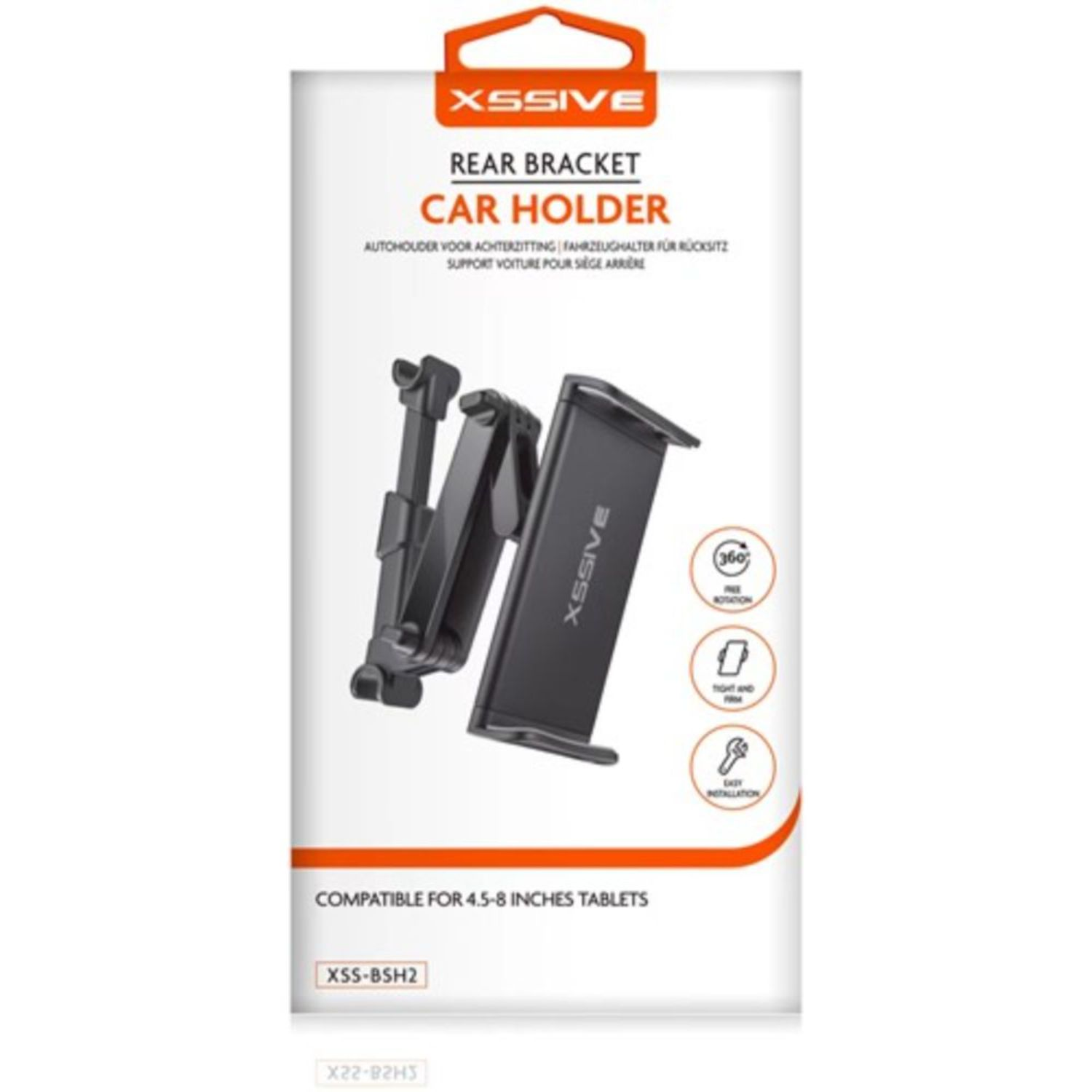 Autohalterung für Tablets, schwarz, mit Produktverpackung.
