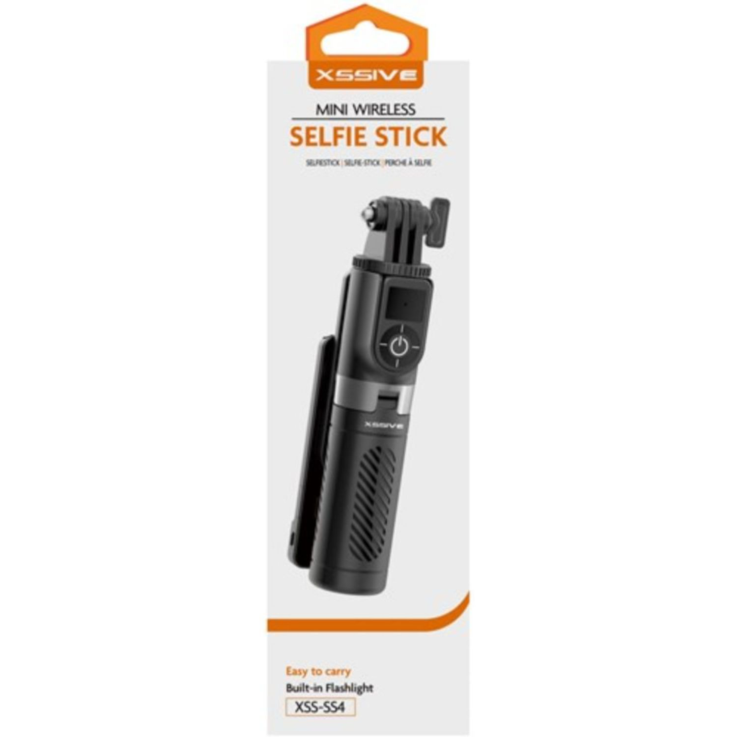 Schwarzer Mini-Wireless-Selfie-Stick mit eingebauter Taschenlampe und dem Text 'easy to carry'.