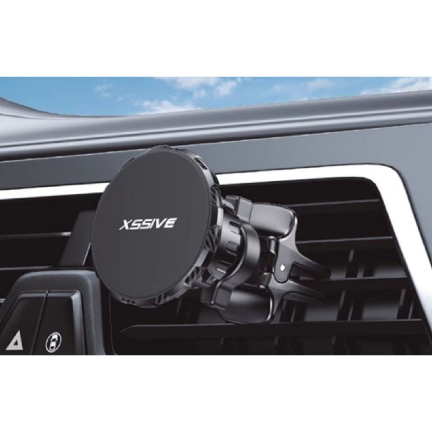 Schwarzer Telefonhalter an den Lüftungsschlitzen des Autos befestigt. Der Halter wird mit einem Clip befestigt.