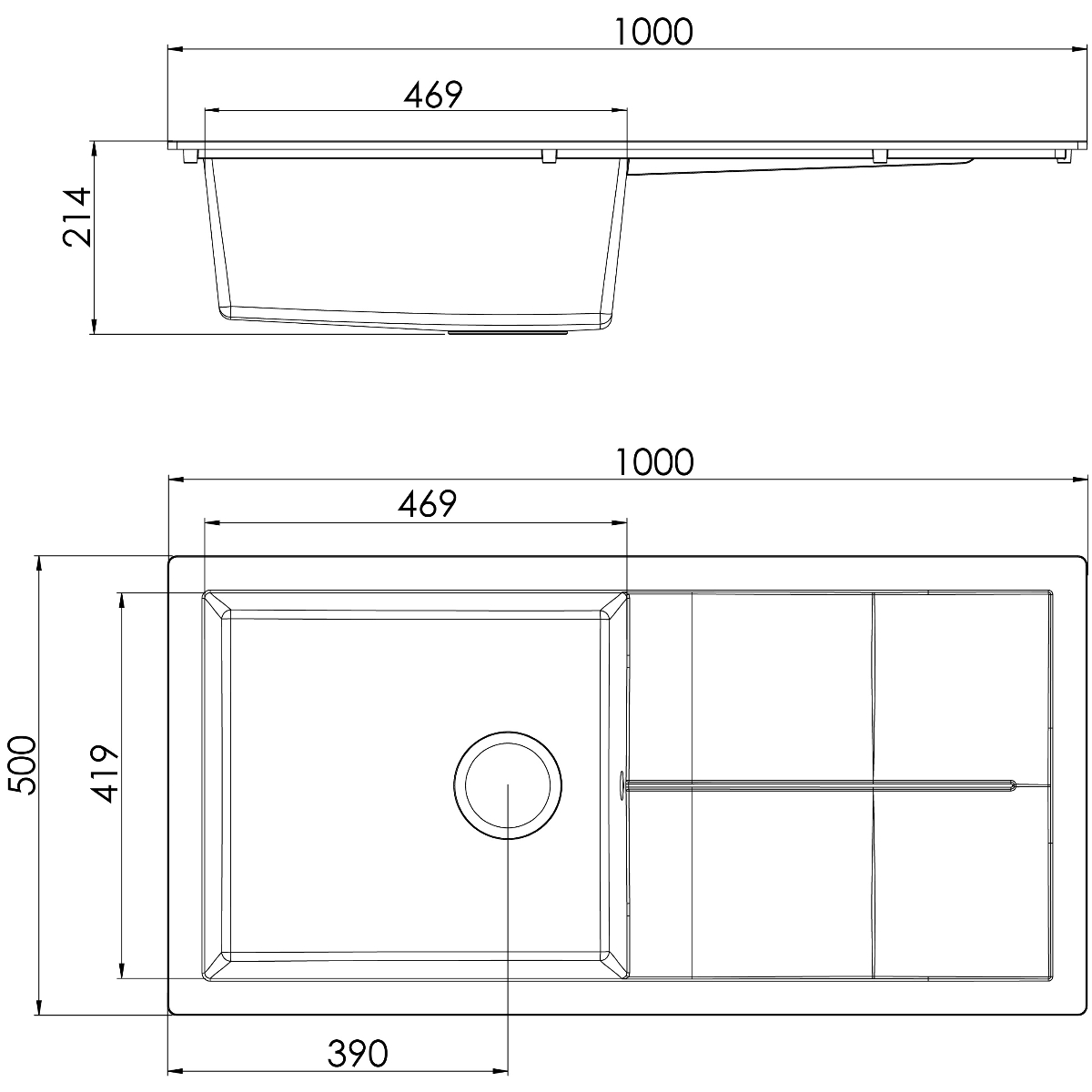 Disegno tecnico di un lavello da cucina con dimensioni. Vengono mostrate vista dall'alto e laterale.