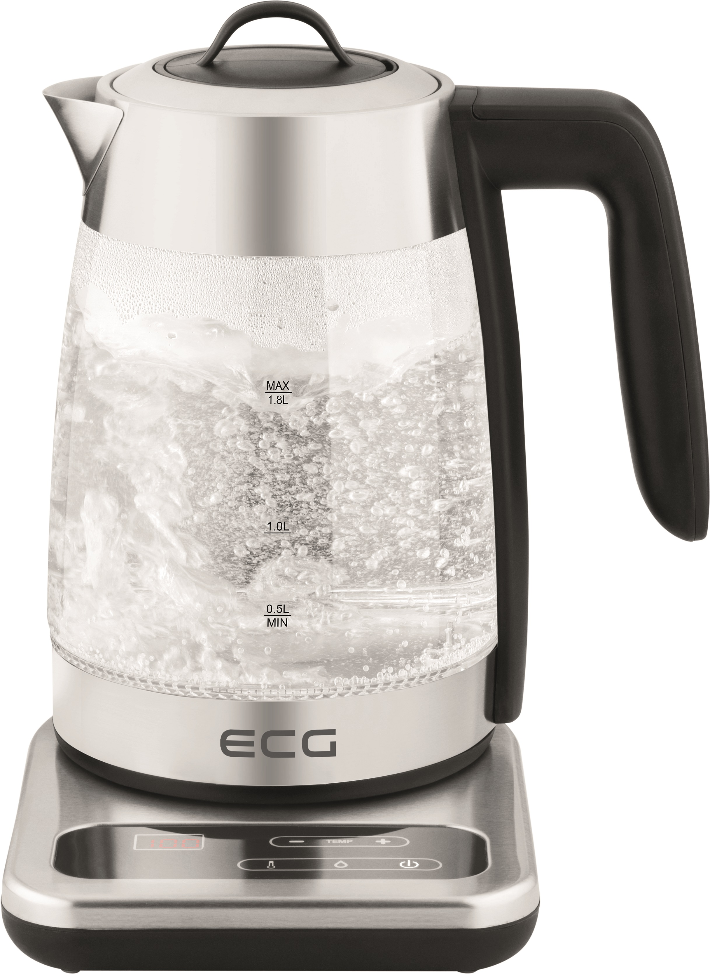 Elektrischer Glaskessel mit kochendem Wasser. Silberner Sockel, schwarzer Griff.