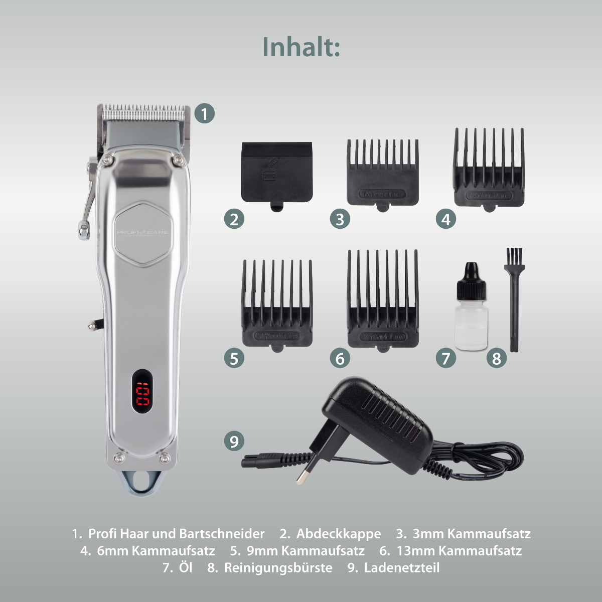 Maszynka do włosów z akcesoriami. Białe tło.