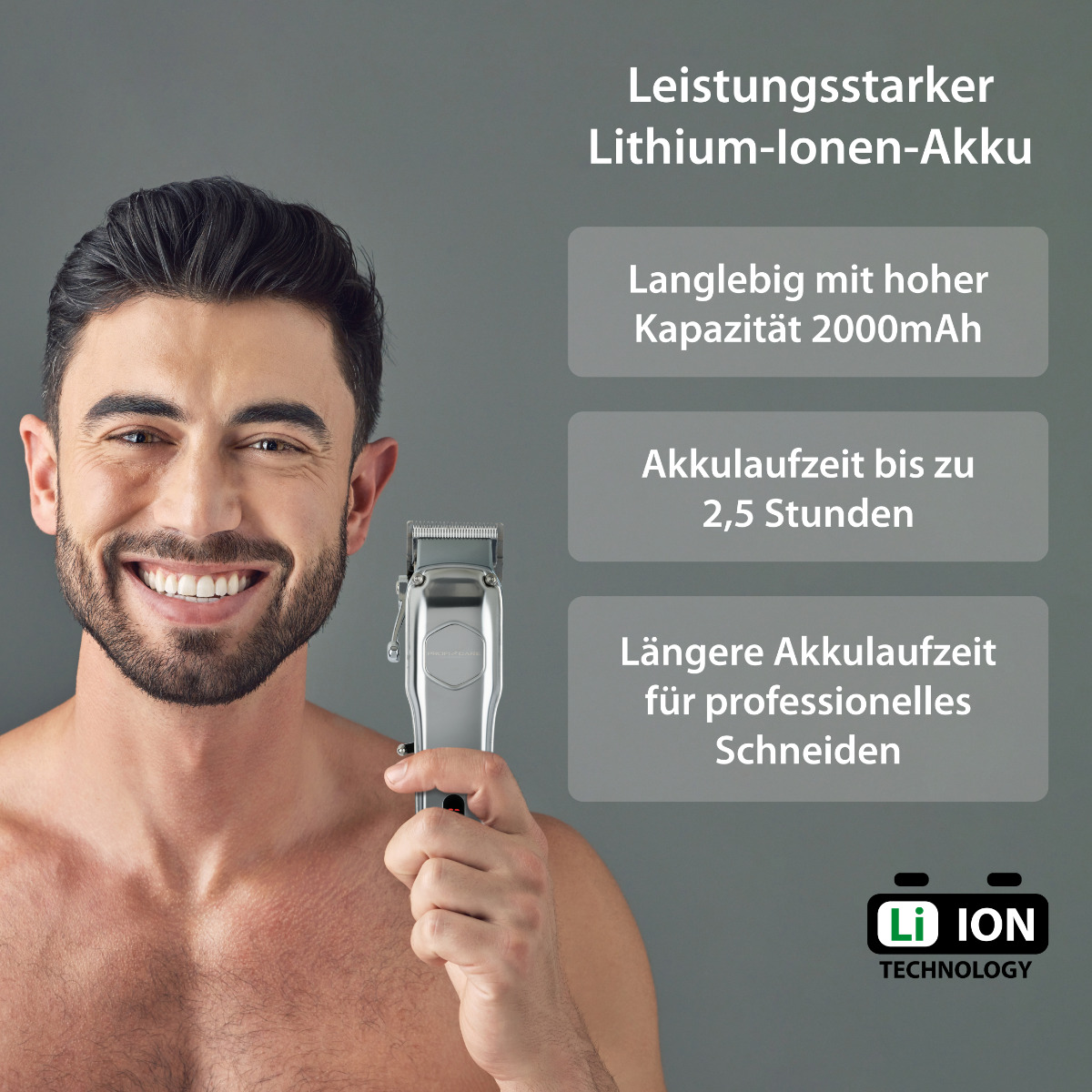 Mężczyzna uśmiechnięty, trzymający srebrną maszynkę do strzyżenia włosów. Tekst o żywotności baterii i strzyżeniu.