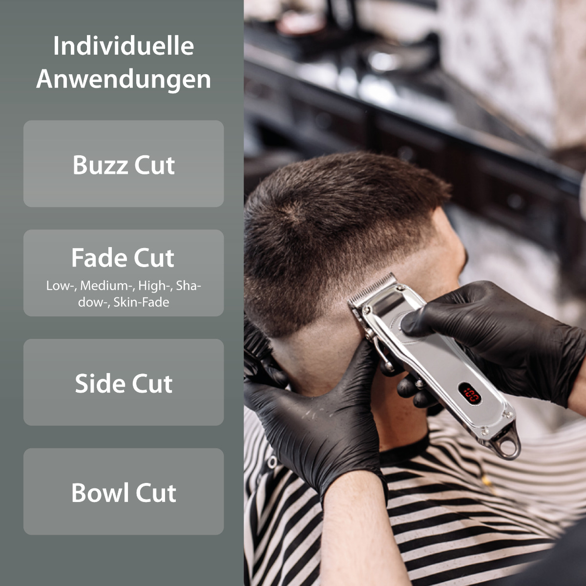 Fryzjer używa trymera elektrycznego na włosach mężczyzny, style strzyżeń na liście.