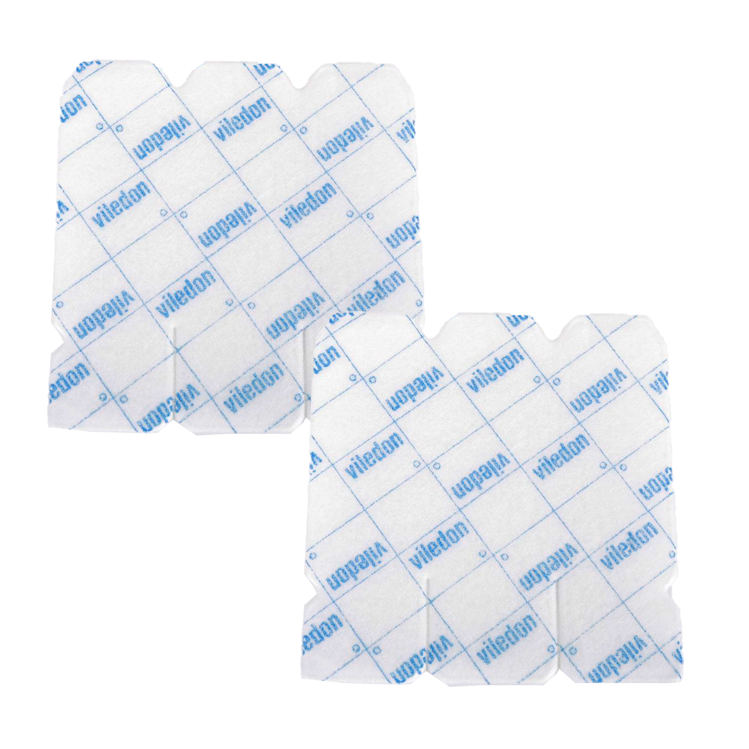 Zwei weiße Filterpads mit blauem Gittermuster.