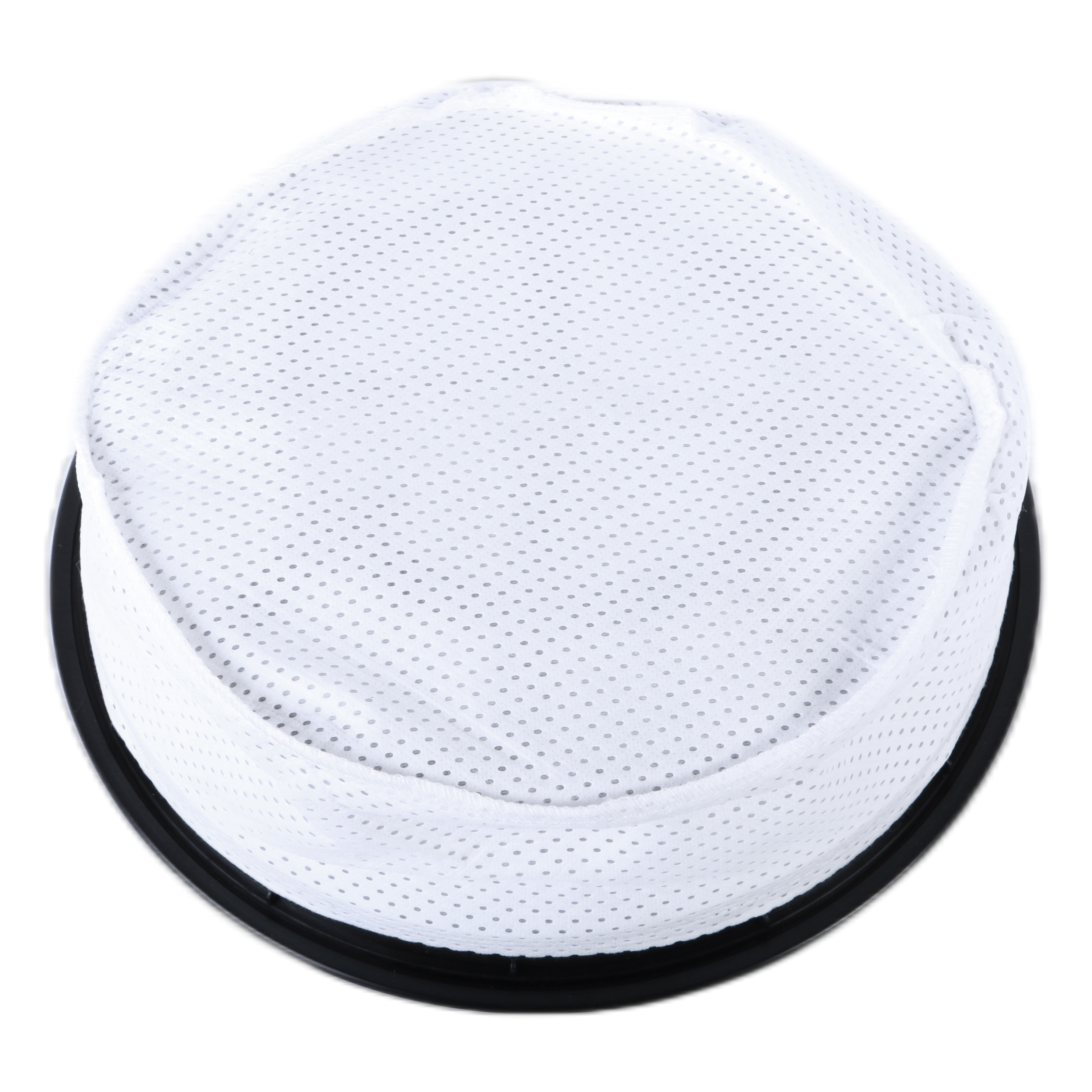 Ein weißer Netzfilter für einen Staubsauger. Der Filter befindet sich auf einem schwarzen Sockel.