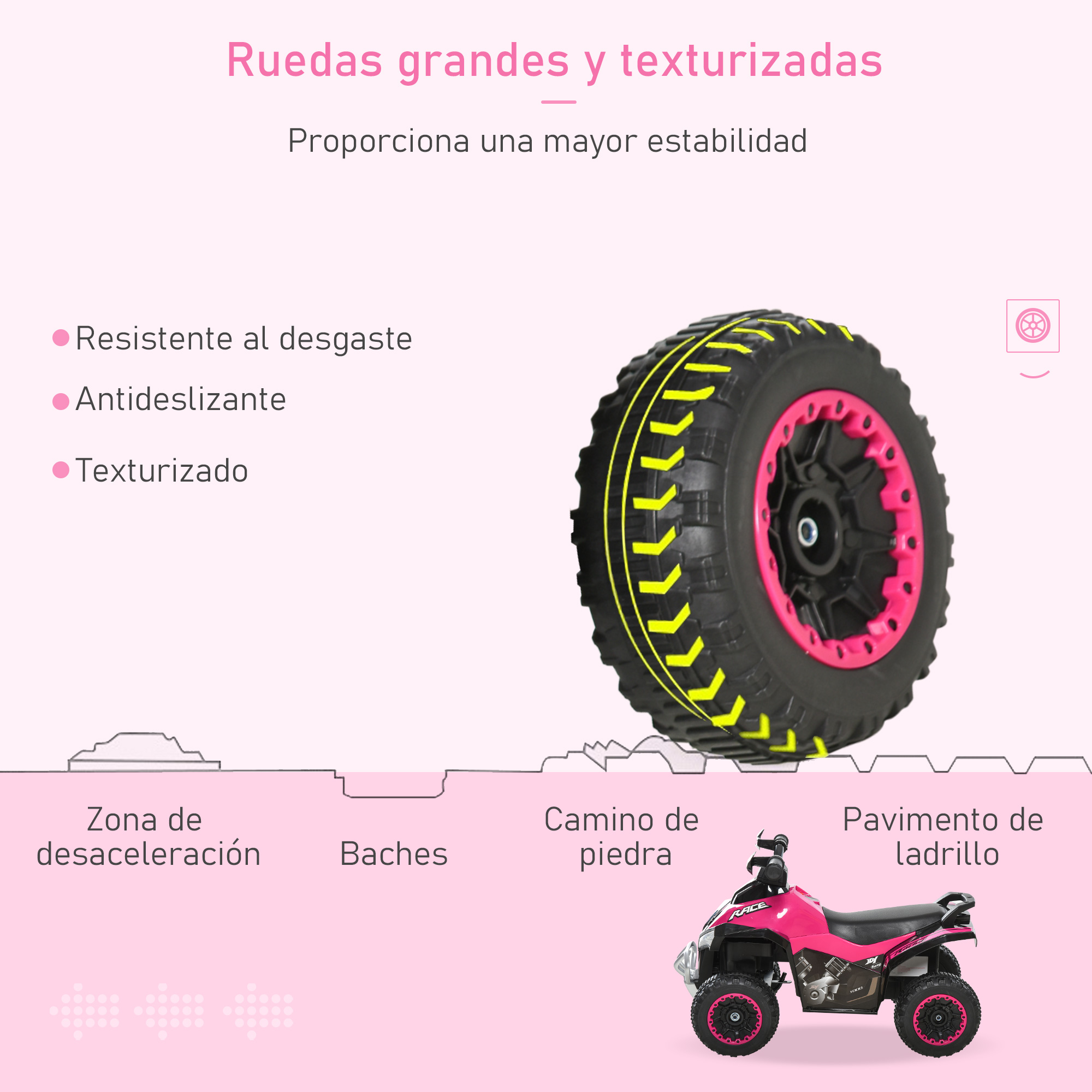 ATV de juguete rosa con neumáticos amarillos y detalles rosas, con texto descriptivo.