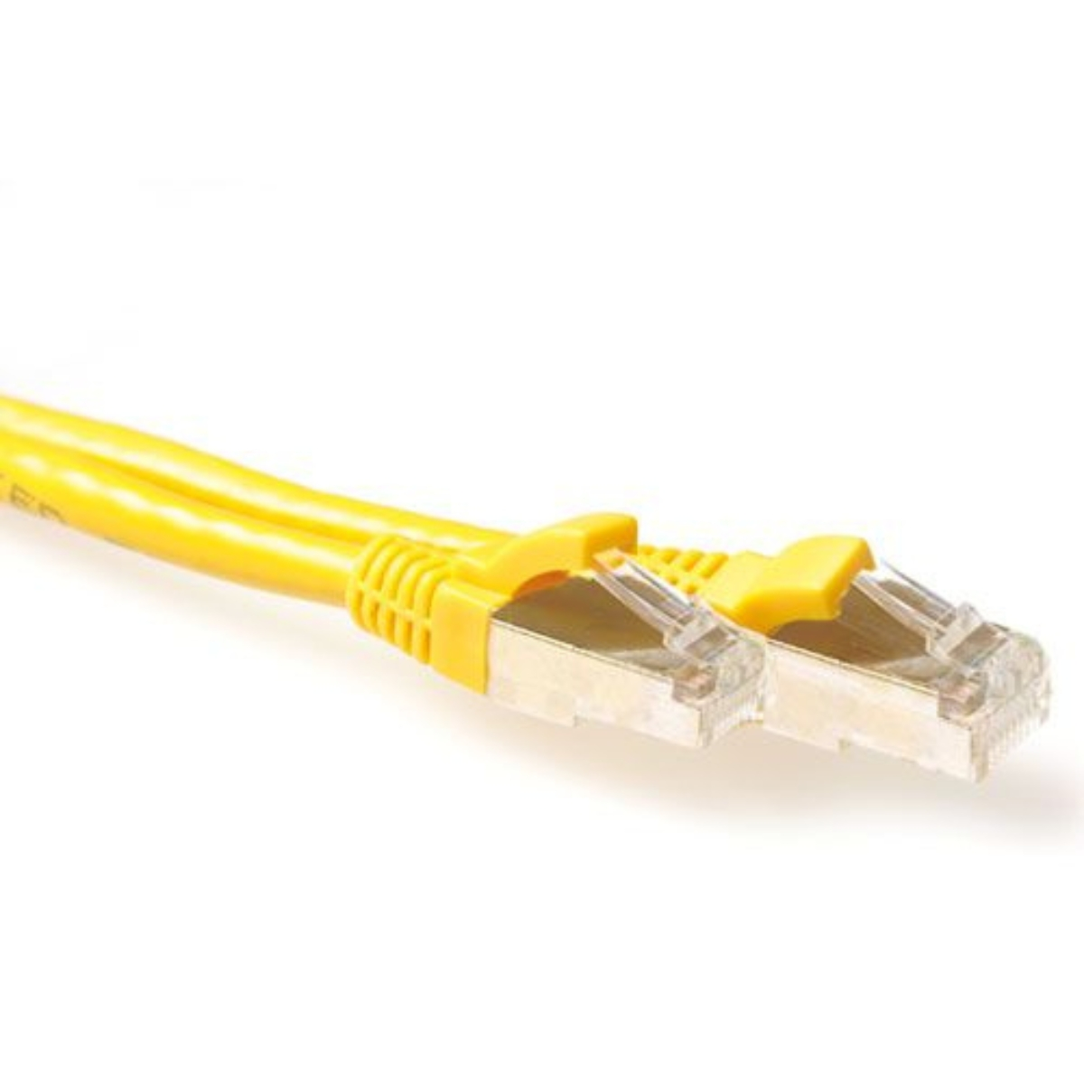 Cavo Ethernet giallo con connettori RJ45, estremità trasparenti e involucro in metallo.