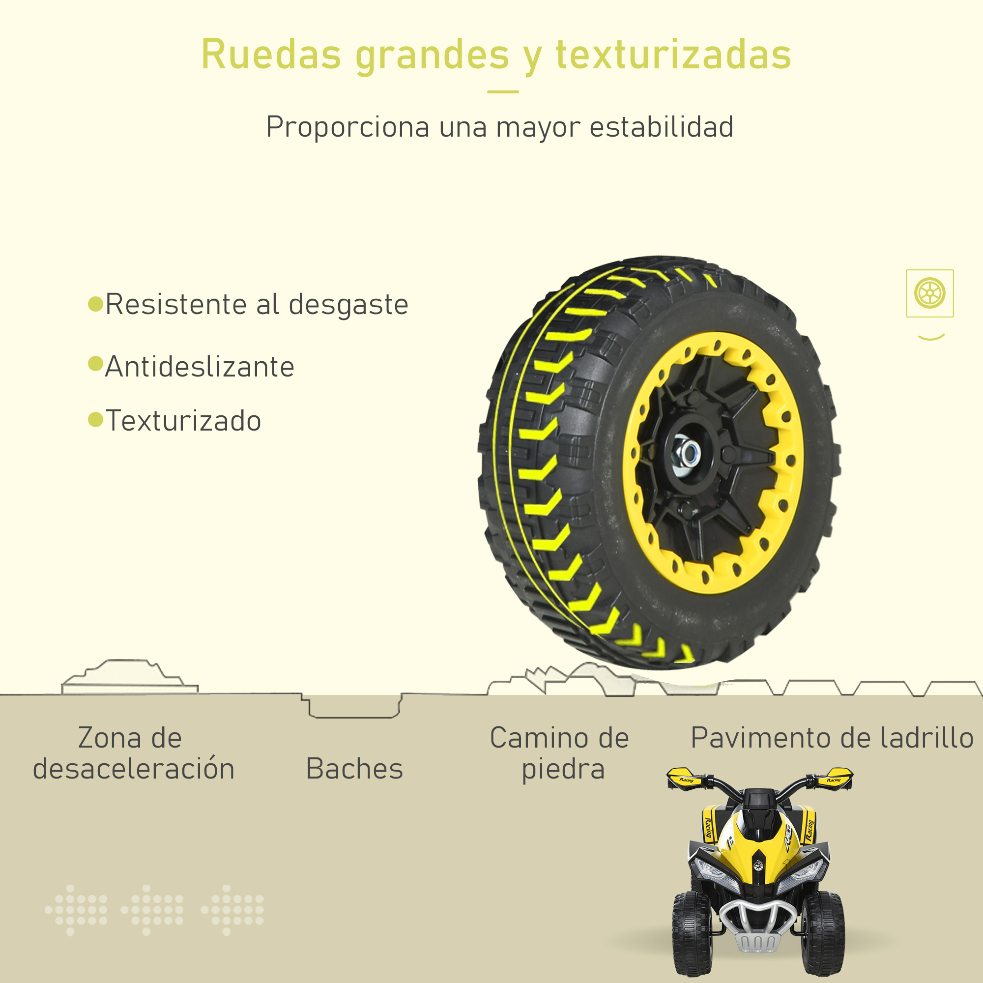 Neumático de coche de juguete amarillo y negro. Texto español sobre resistencia y textura.