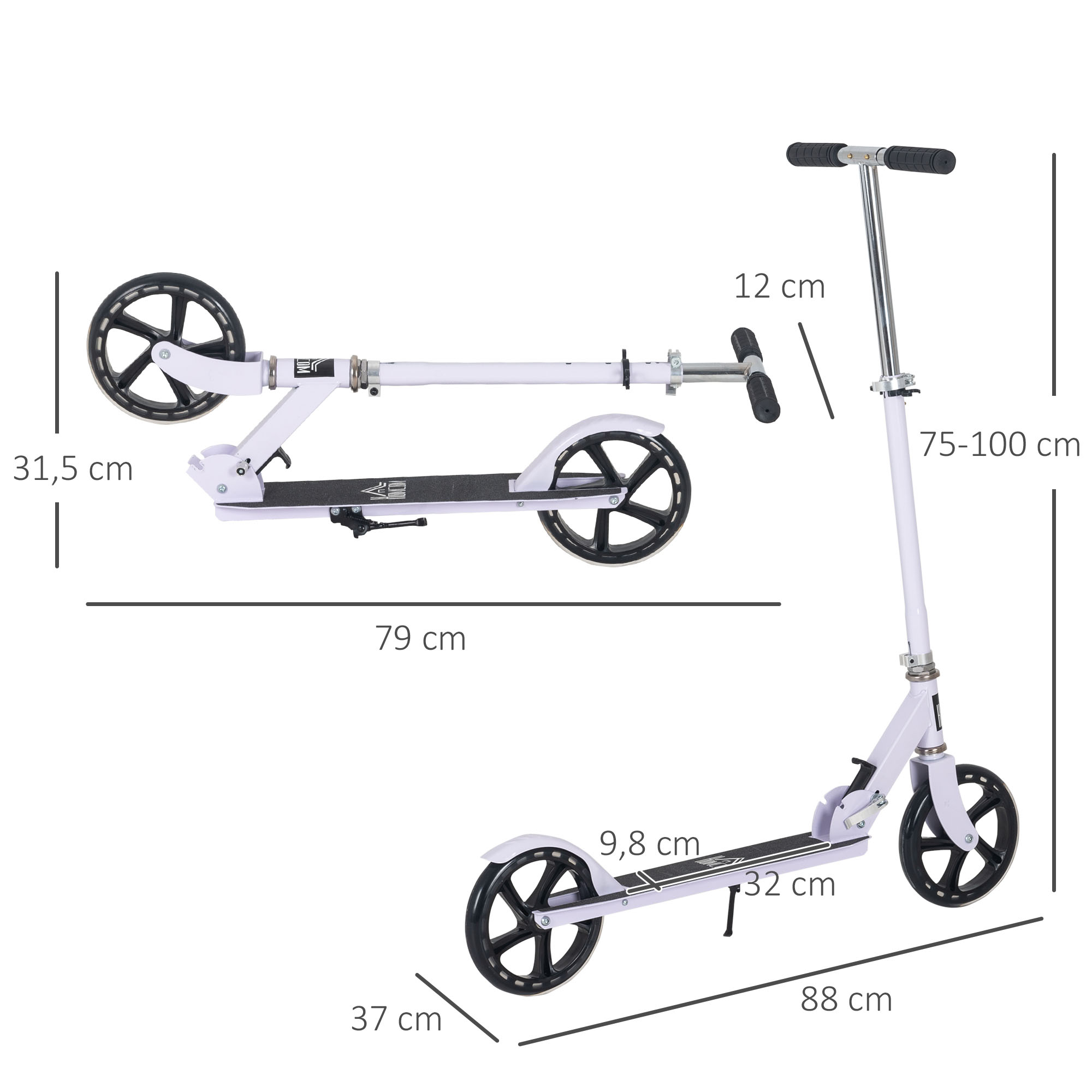 Patinete blanco y negro con dimensiones indicadas. Está plegado.