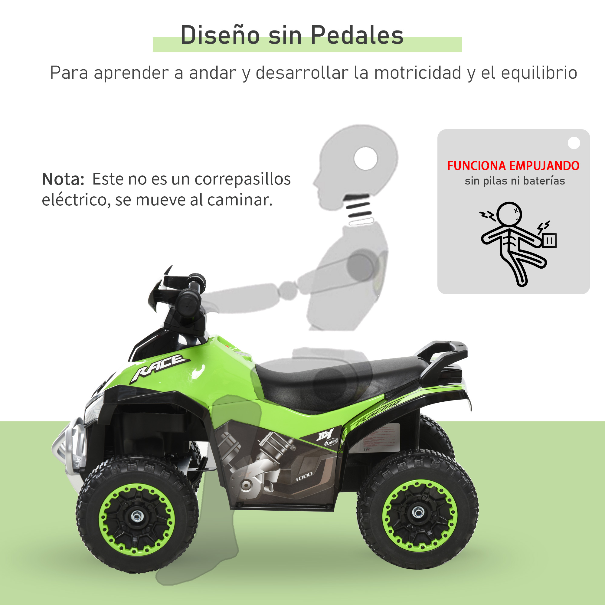 Un quad infantil verde y negro con un diagrama que ilustra el equilibrio y el movimiento.