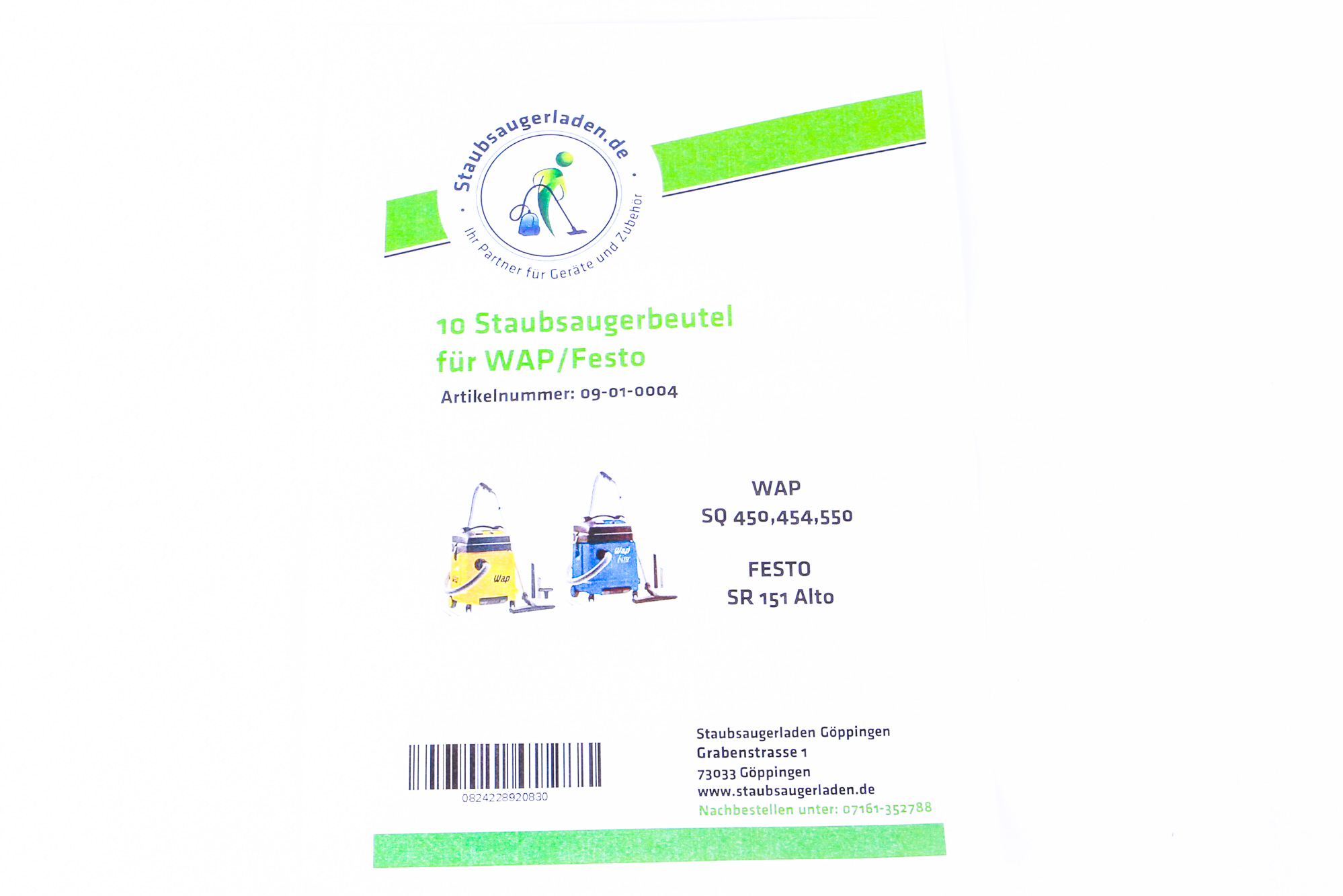 Weißes Papier mit grünem Text: "10 Staubsaugerbeutel für WAP/Festo". Zwei Staubsaugerbilder.