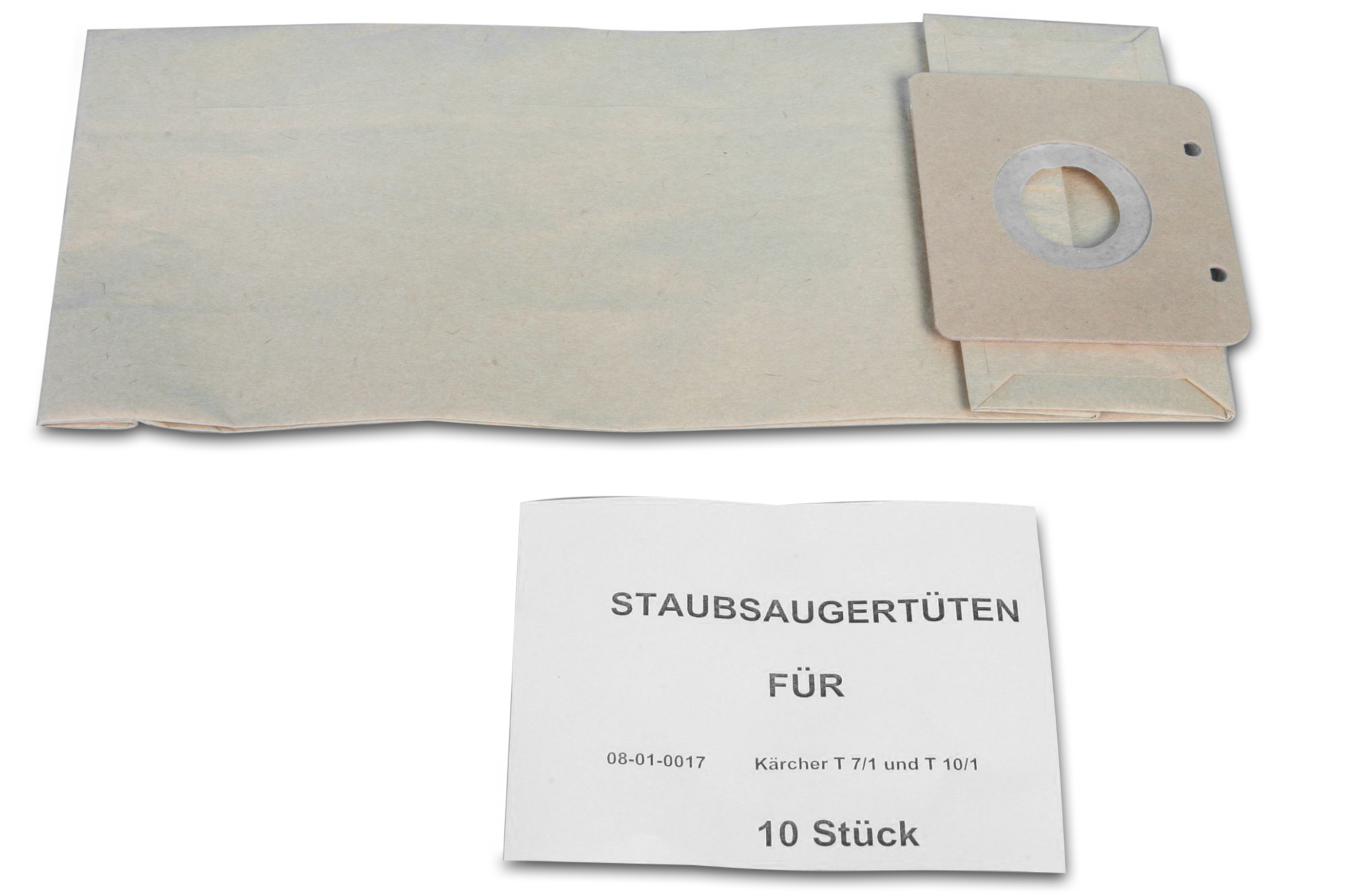 Staubsaugerbeutel und ein Etikett mit Text. 'STAUBSAUGERTÜTEN' steht auf dem Etikett.