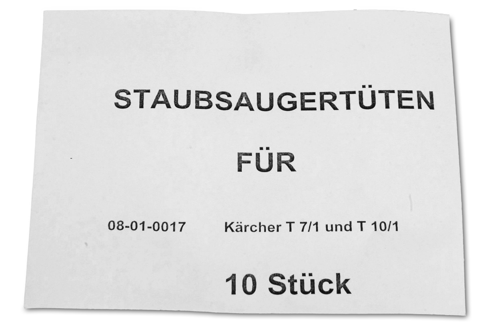 Ein weißes Papier mit schwarzem Text. Es lautet 'STAUB SAUGERTÜTEN FÜR' und '10 Stück' unten.