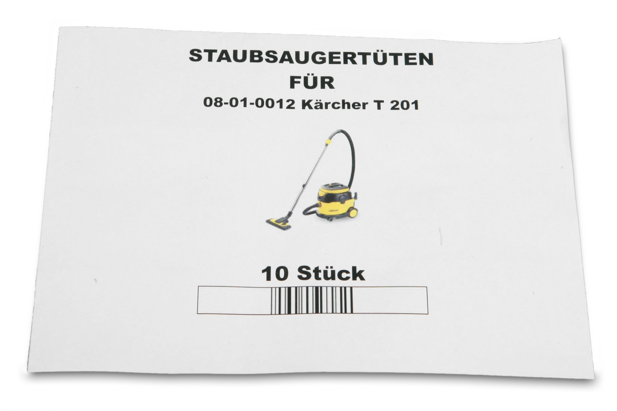 Ein Etikett für Staubsaugerbeutel, mit einem Bild eines gelben Staubsaugers.