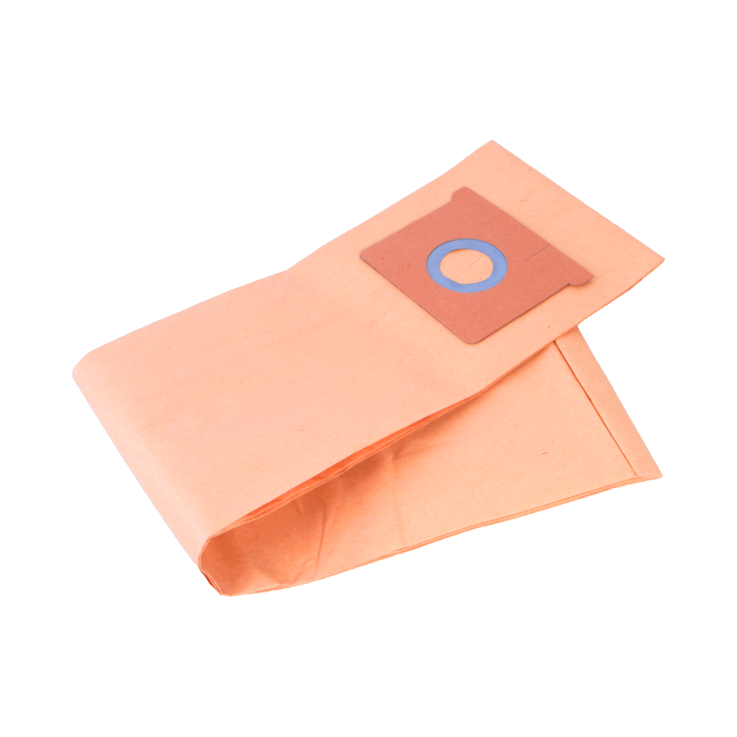 Ein gefalteter, pfirsichfarbener Staubsaugerbeutel mit einem blau-orangen Kreisteil.
