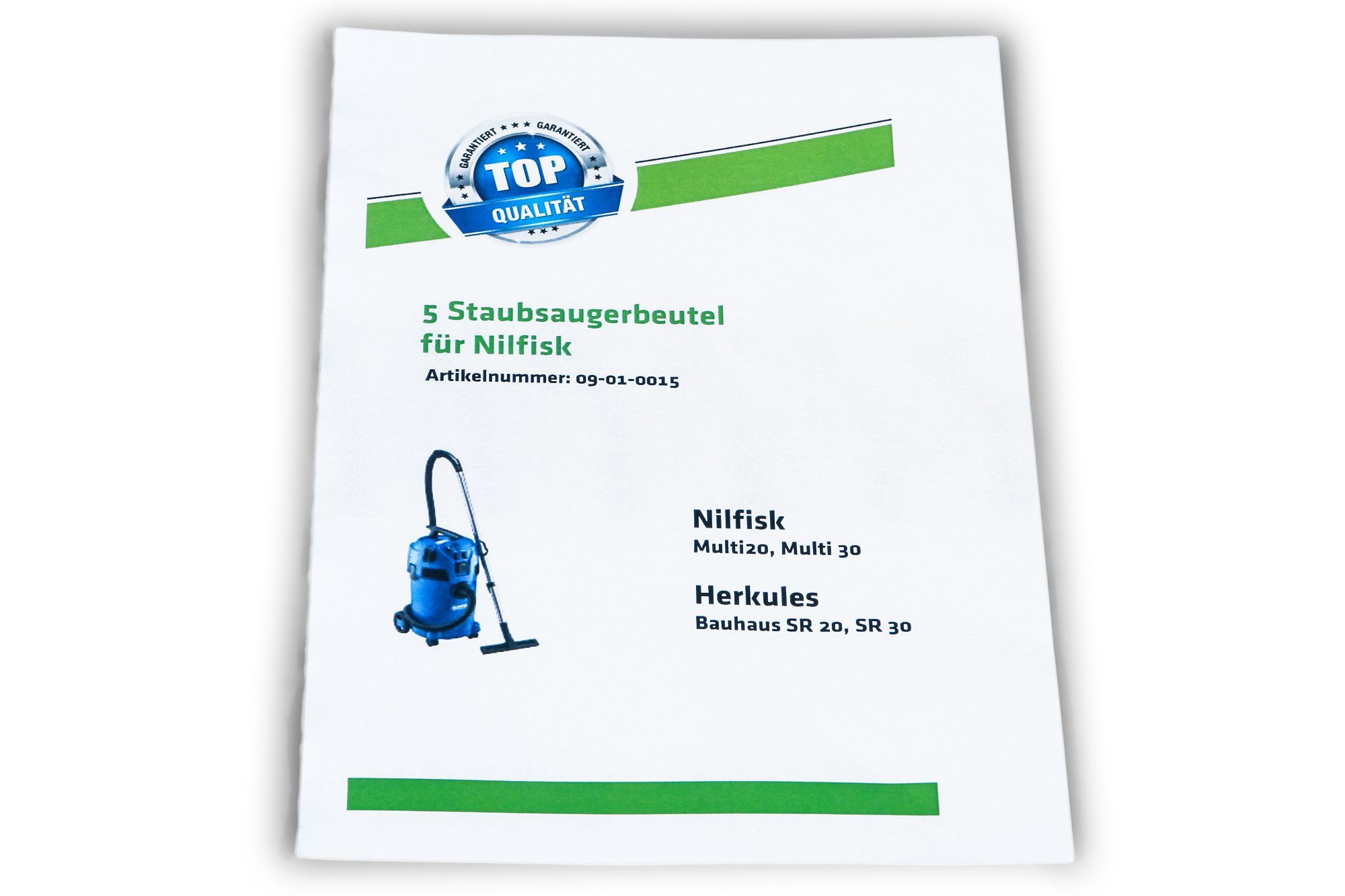 Dokument mit Text für Nilfisk Staubsaugerbeutel, mit einem blauen Staubsaugerbild.