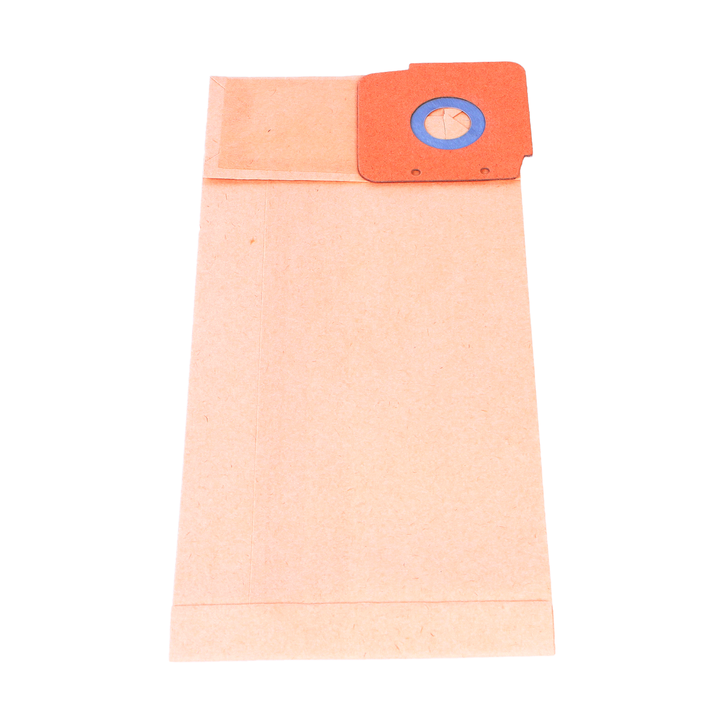 Eine braune Papiertüte mit quadratischem Oberteil mit blauem und orangefarbenem Filter auf weißem Hintergrund.