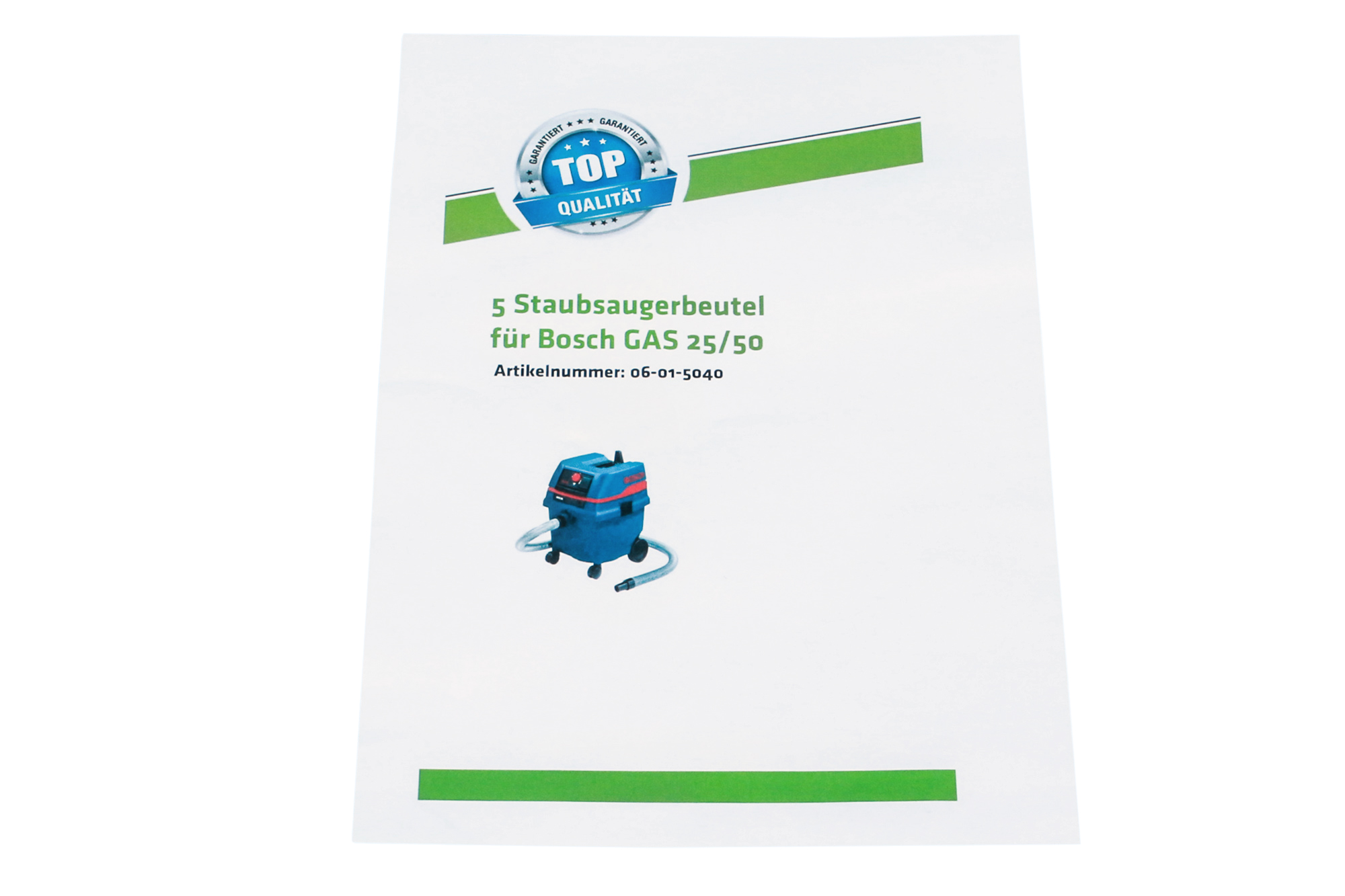 Ein Papier mit Text und einem Bild eines blauen Staubsaugers. Der Text lautet „5 Staubsaugerbeutel“.