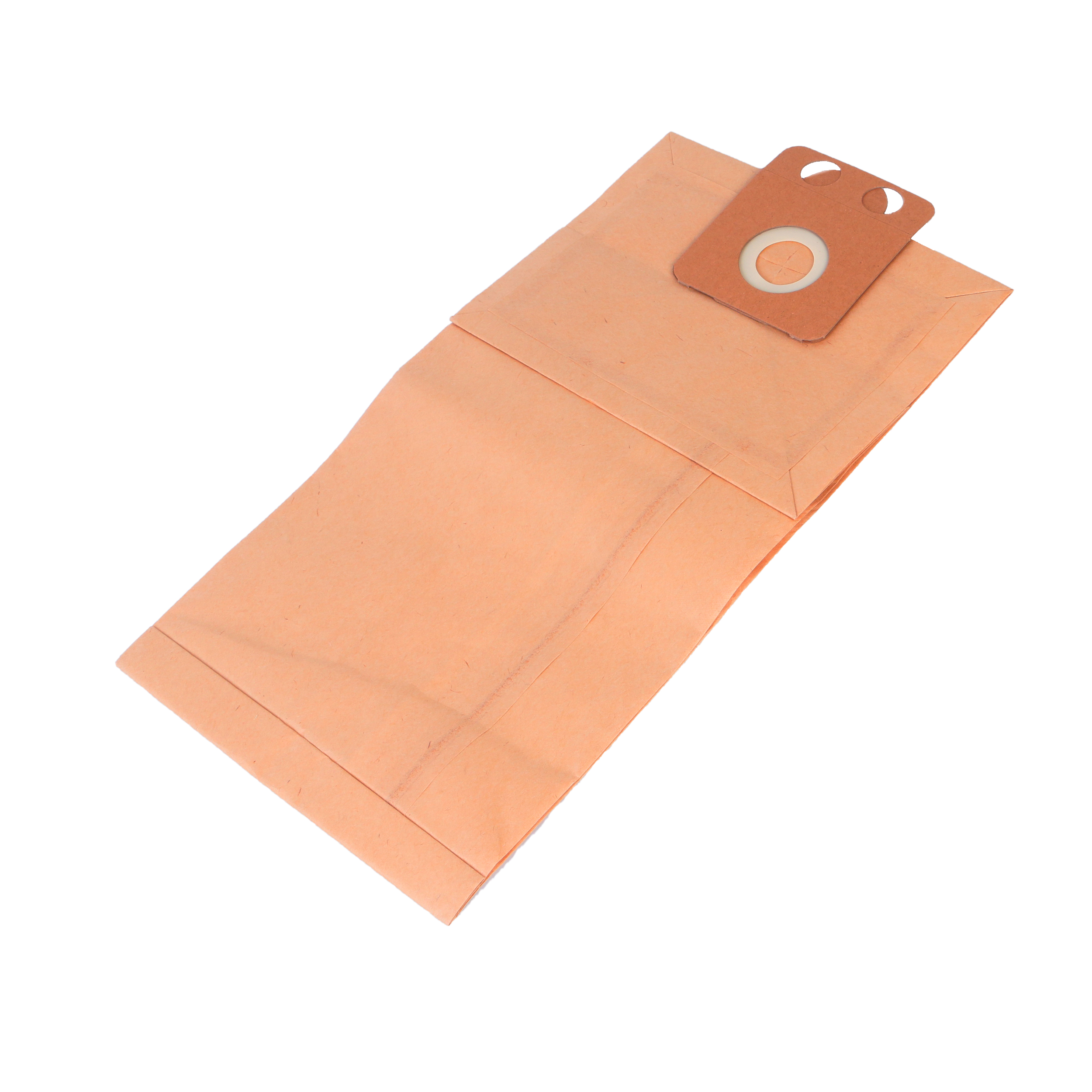 Ein orangefarbener Staubsaugerbeutel und ein Kartonteil mit Öffnung auf weißem Hintergrund.