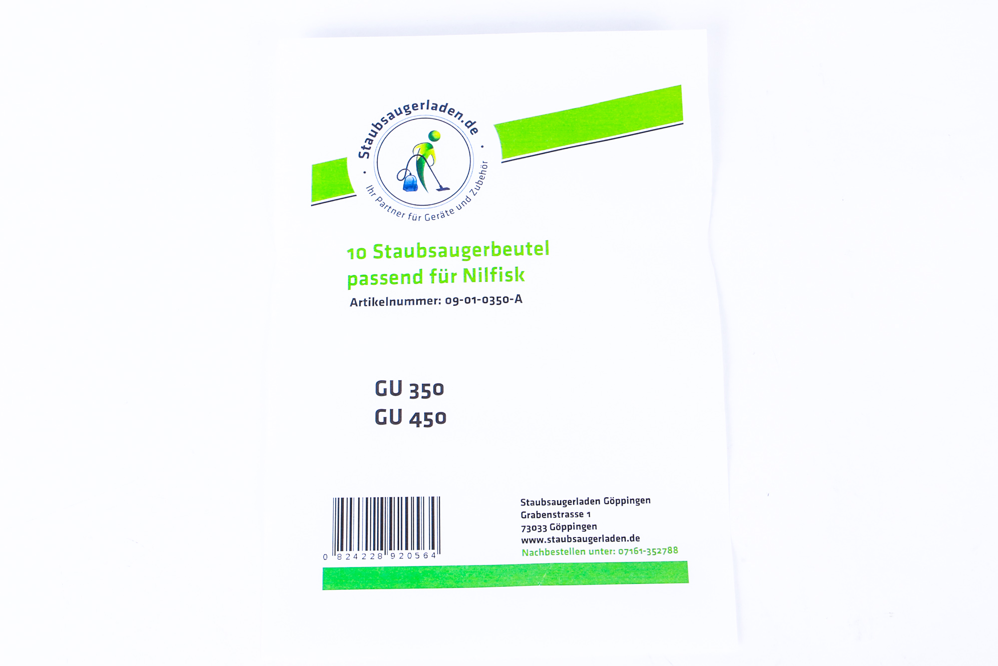 Ein weißes Papier mit Text: 10 Staubsaugerbeutel passend für Nilfisk, GU 350, GU 450.