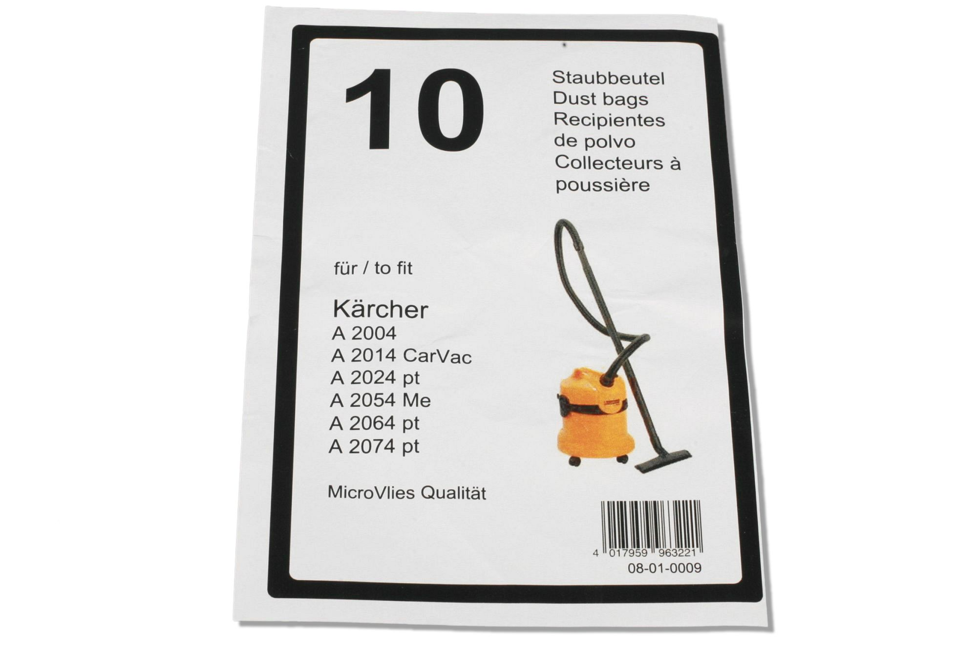 Etikett für Staubsaugerbeutel mit Staubsauger-Illustration und Produktinfo.