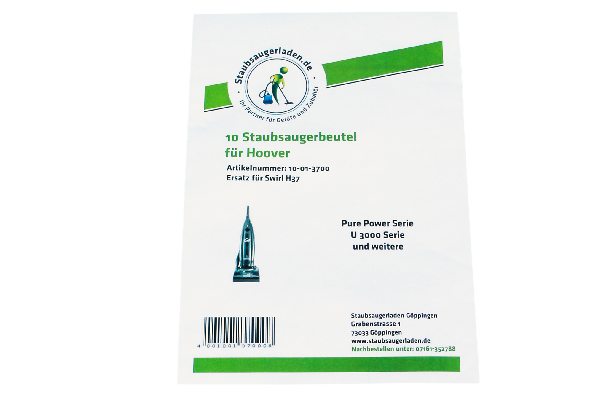 Eine weiße Verpackung mit Text für Staubsaugerbeutel. Die Verpackung hat ein Bild eines Staubsaugers.