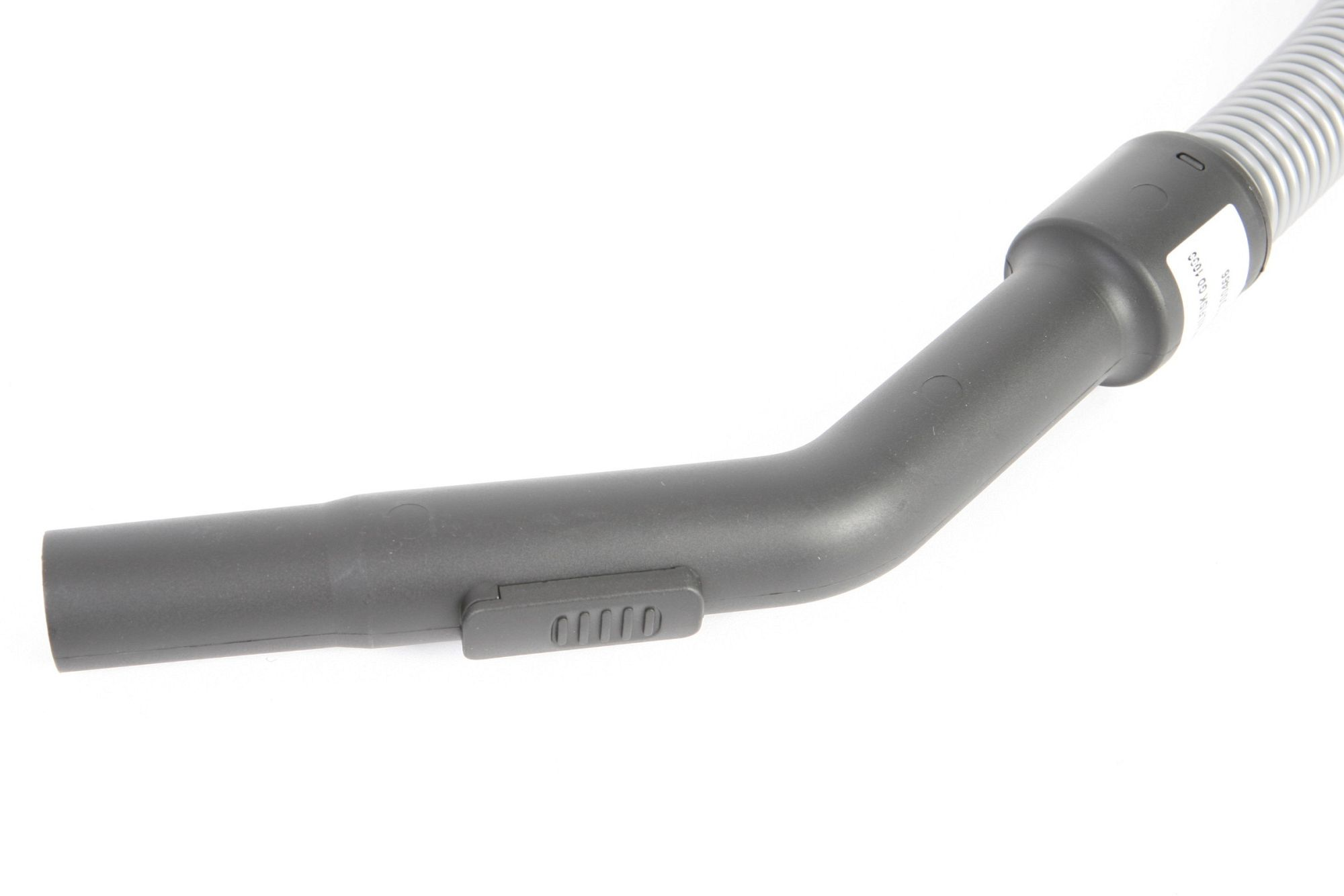 Staubsaugerschlauchteil, grau, mit kleinem Knopf und gebogenem Design.