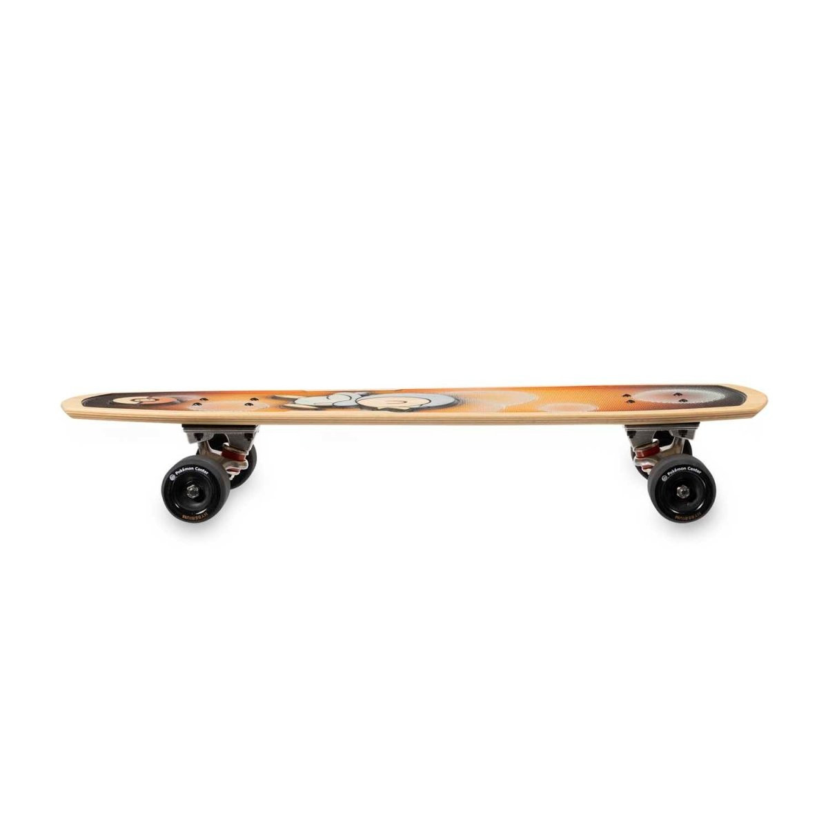 Ein Skateboard mit farbenfrohem Design auf weißem Hintergrund.