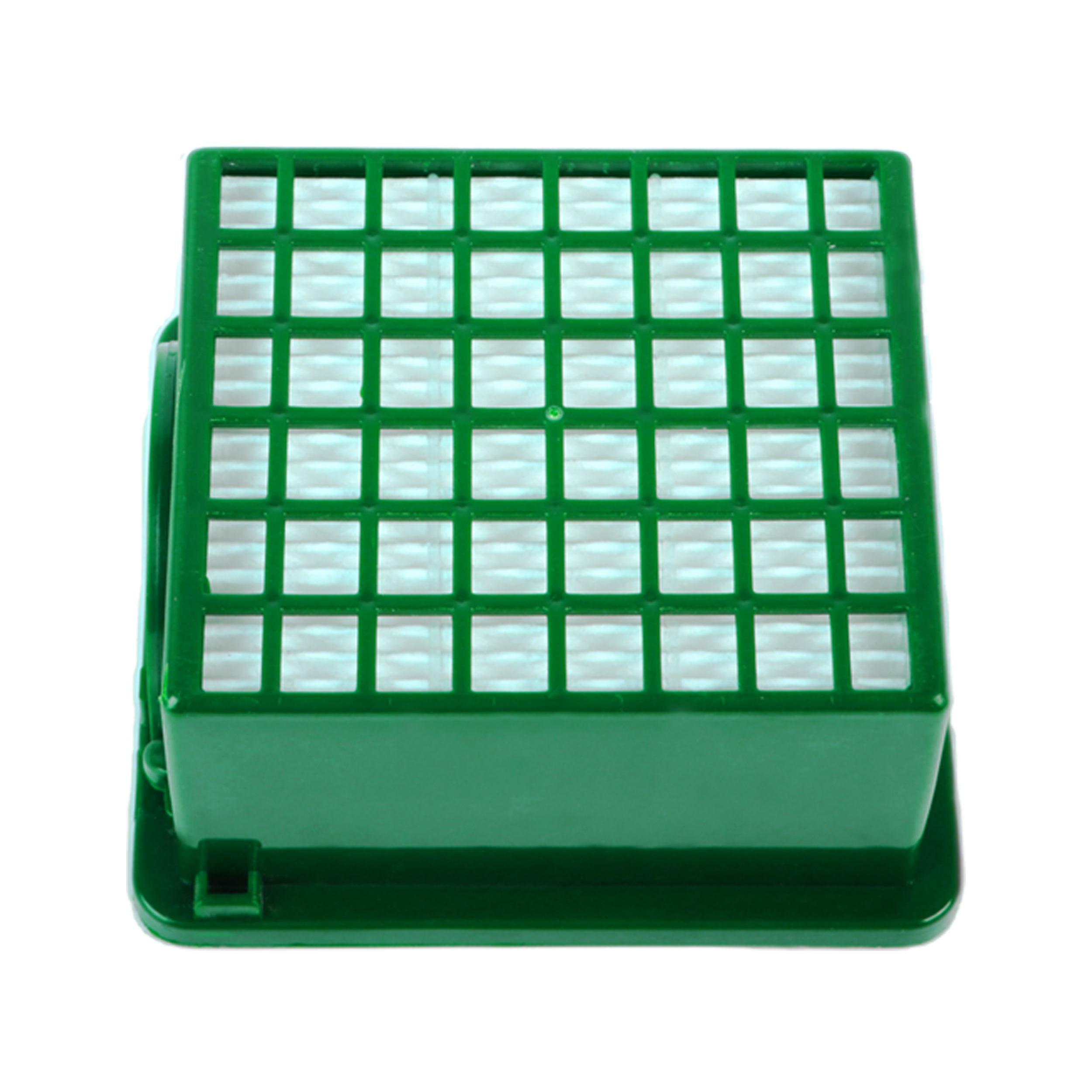Ein grüner quadratischer Filter mit Gittermuster, für Luftfiltration.