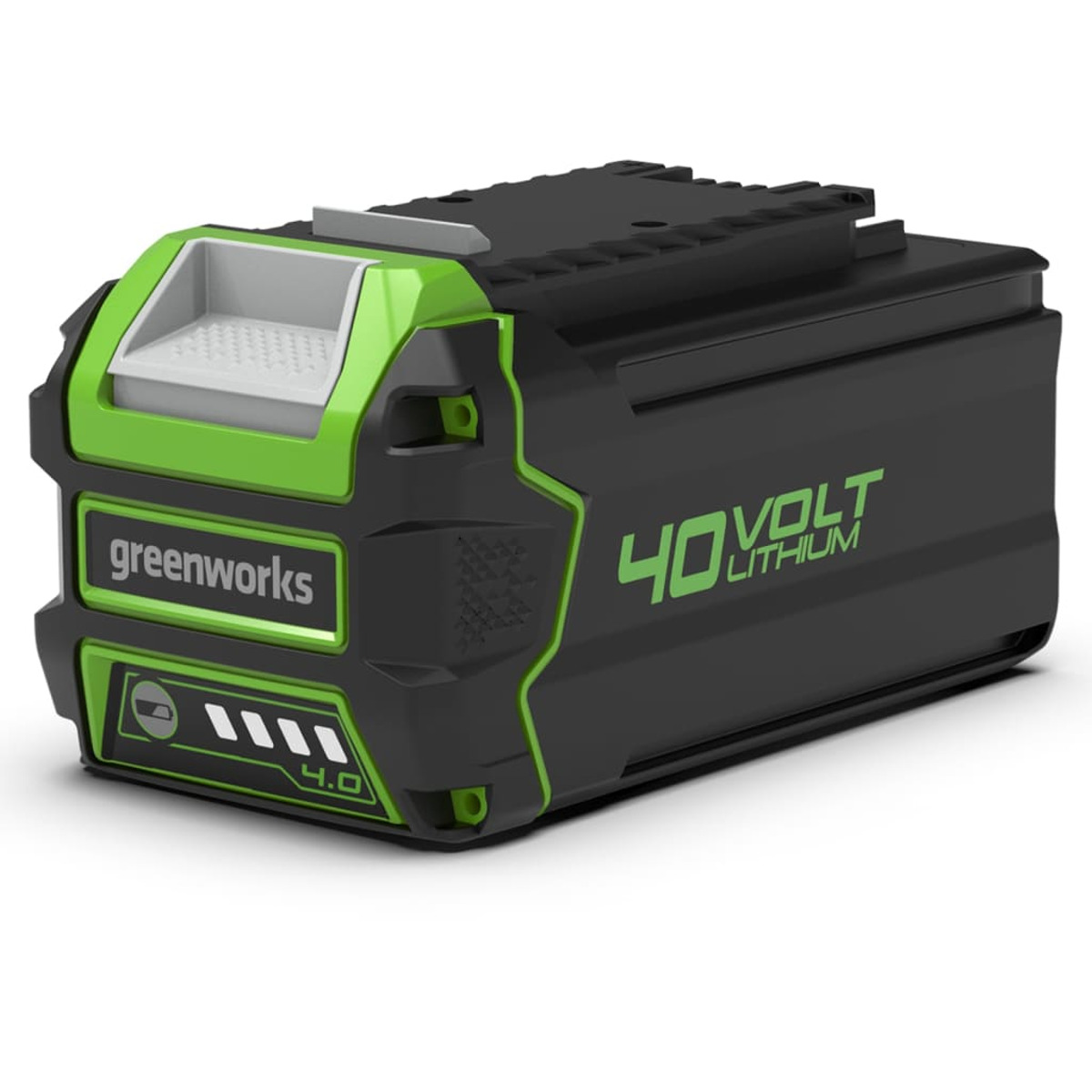 Eine schwarze und grüne 40-Volt-Lithiumbatterie. Sie hat ein Greenworks-Logo und eine 4.0-Anzeige.