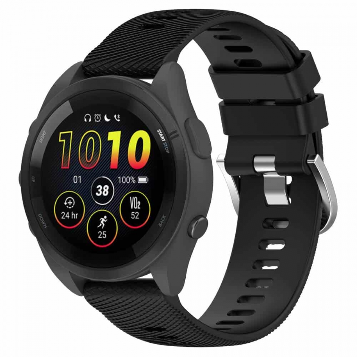 Schwarze Smartwatch mit Daten, mit schwarzem Armband.