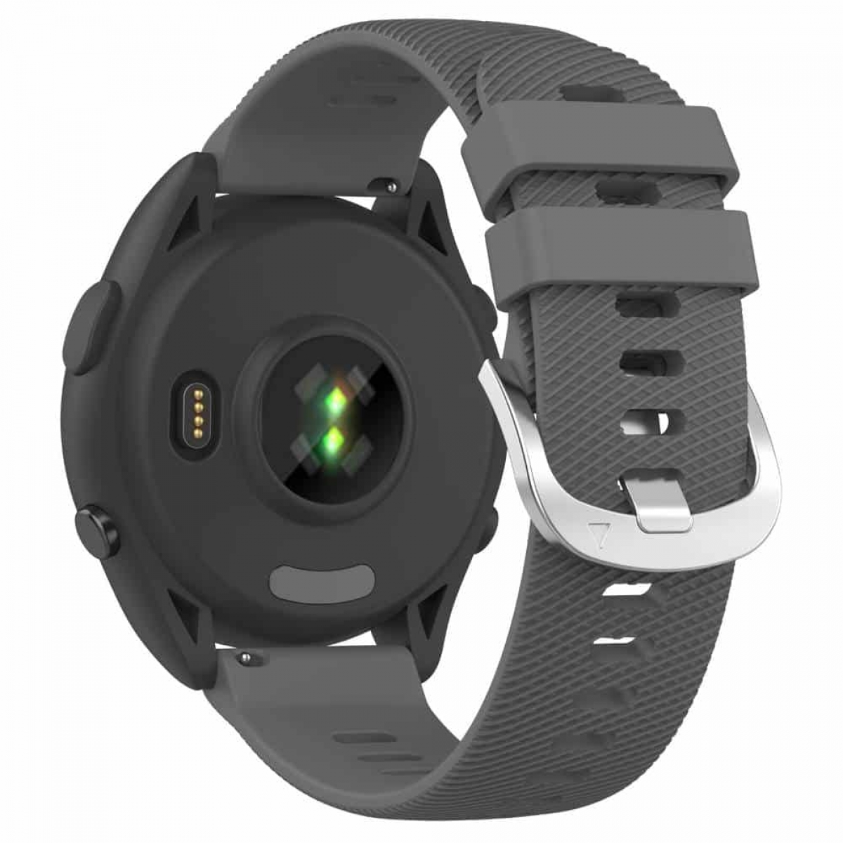 Schwarze Smartwatch mit grauem Armband auf weißem Hintergrund.