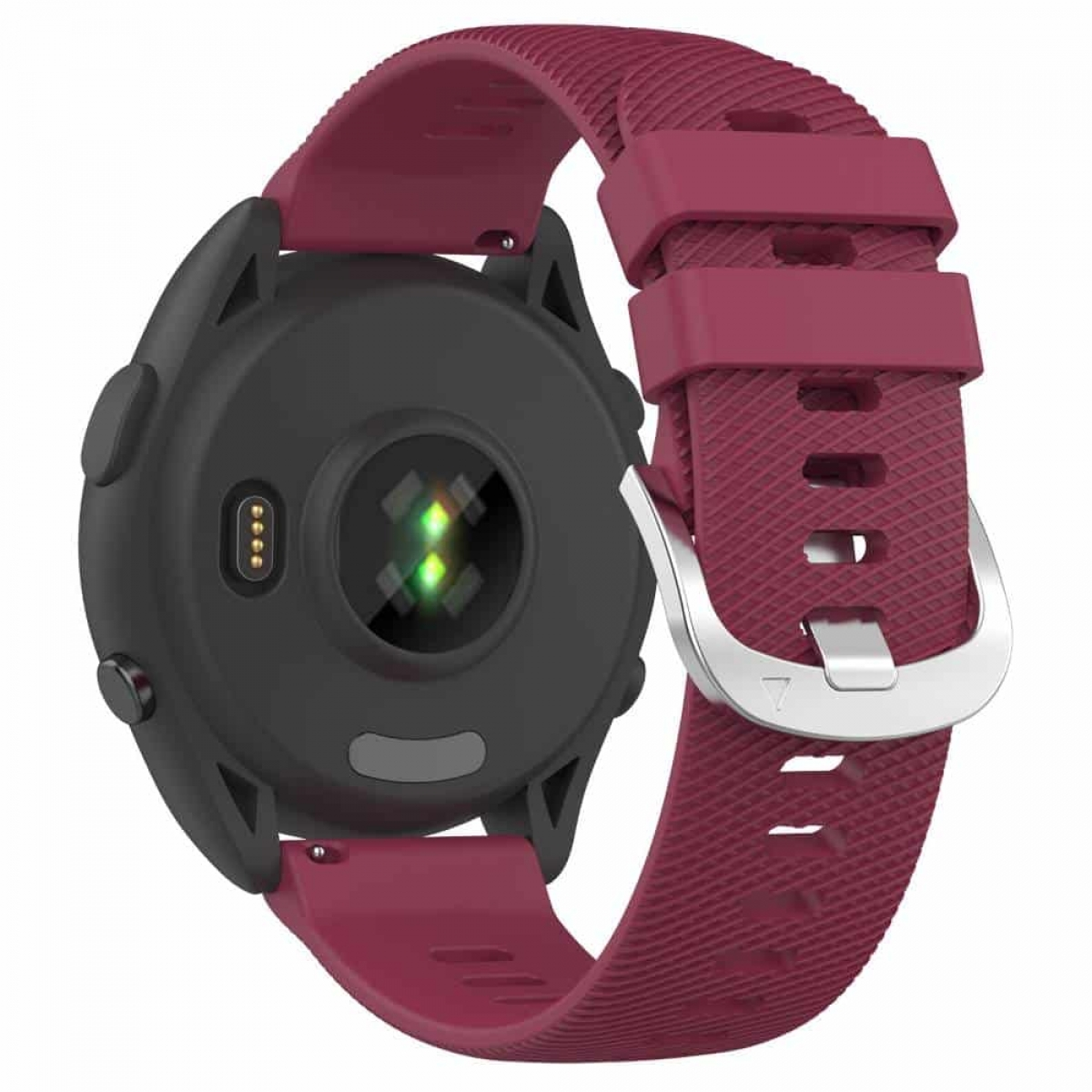 Smartwatch mit weinrotem Armband. Schwarzes Zifferblatt mit grünem Licht, schwarzes Gehäuse.