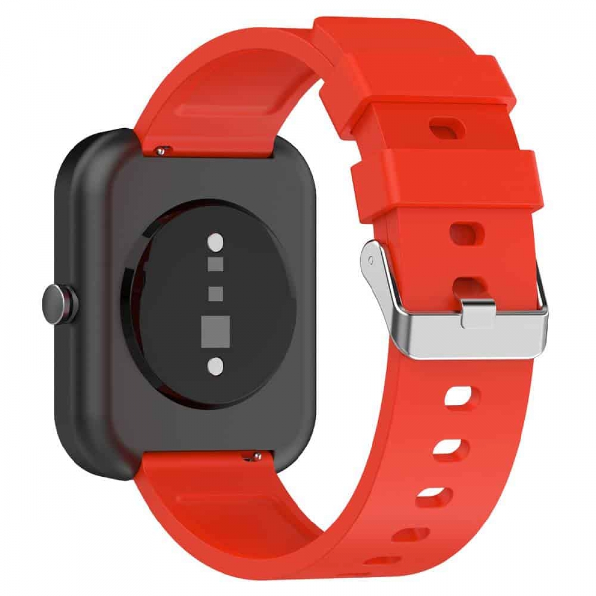 Schwarze Smartwatch mit rotem Armband. Die Uhr befindet sich auf weißem Hintergrund.