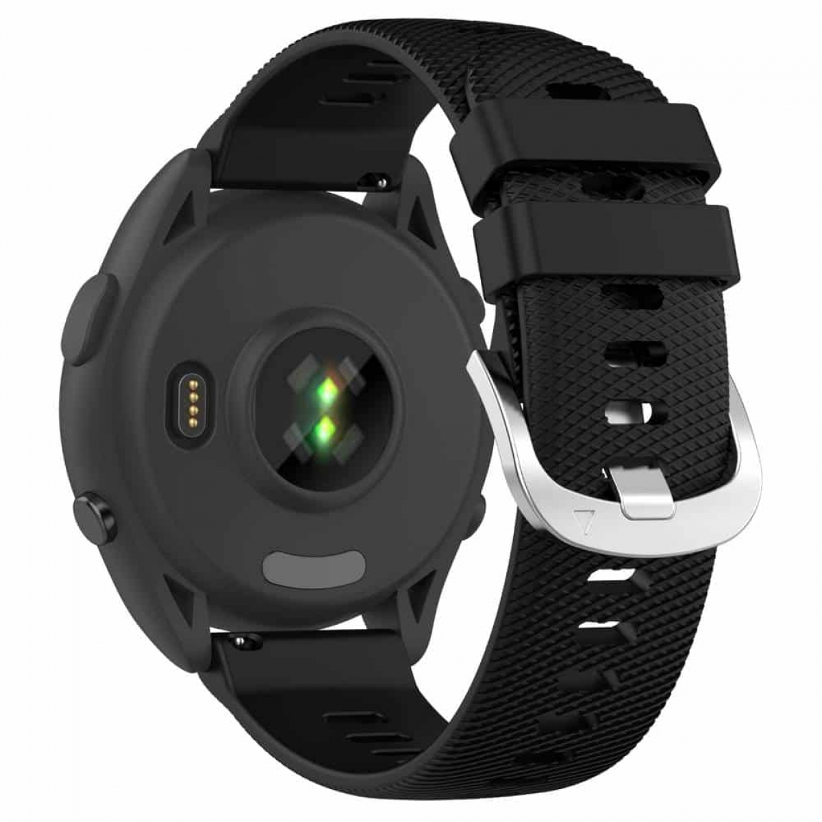 Schwarze Smartwatch, Rückansicht, Herzfrequenzsensor sichtbar. Schwarzes Armband, weißer Hintergrund.