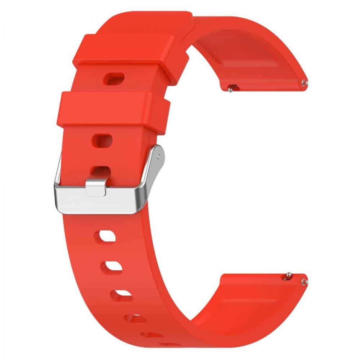 Ein rotes Uhrenarmband mit silberner Schnalle, isoliert auf weißem Hintergrund.
