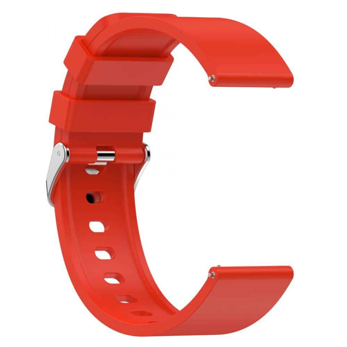 Rotes Uhrenarmband mit Metallschnalle, isoliert auf weißem Untergrund.
