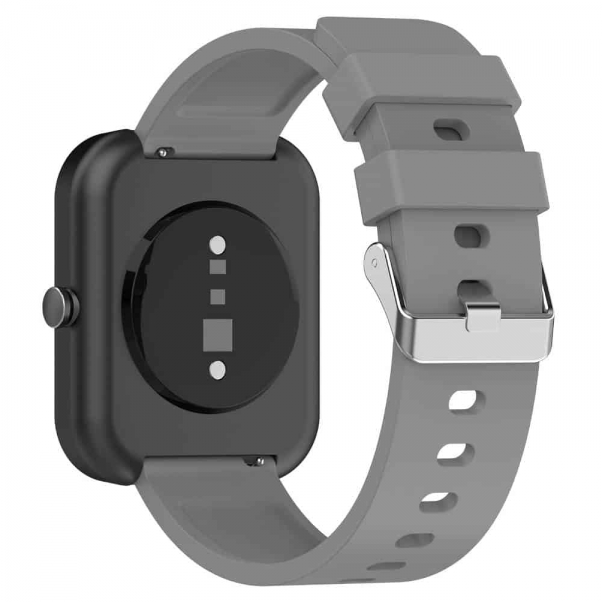 Eine Smartwatch mit grauem Armband.