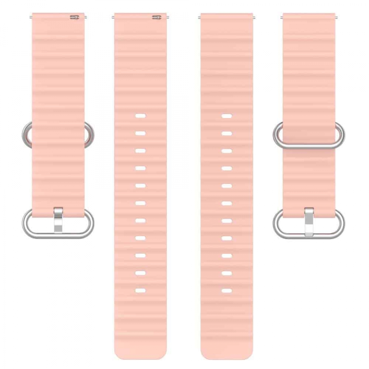 Vier rosa Uhrenarmbänder mit Metallverschlüssen, vor weißem Hintergrund dargestellt.